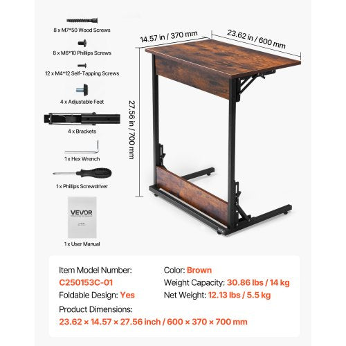 C-bord, hopfällbart C-format sidobord med metallram och justerbara fötter, hopfällbart C-format sidobord för vardagsrum, sovrum, kontor, 23,62 x 14,57 x 27,56 tum C-format TV-bord, brunt och svart | EU