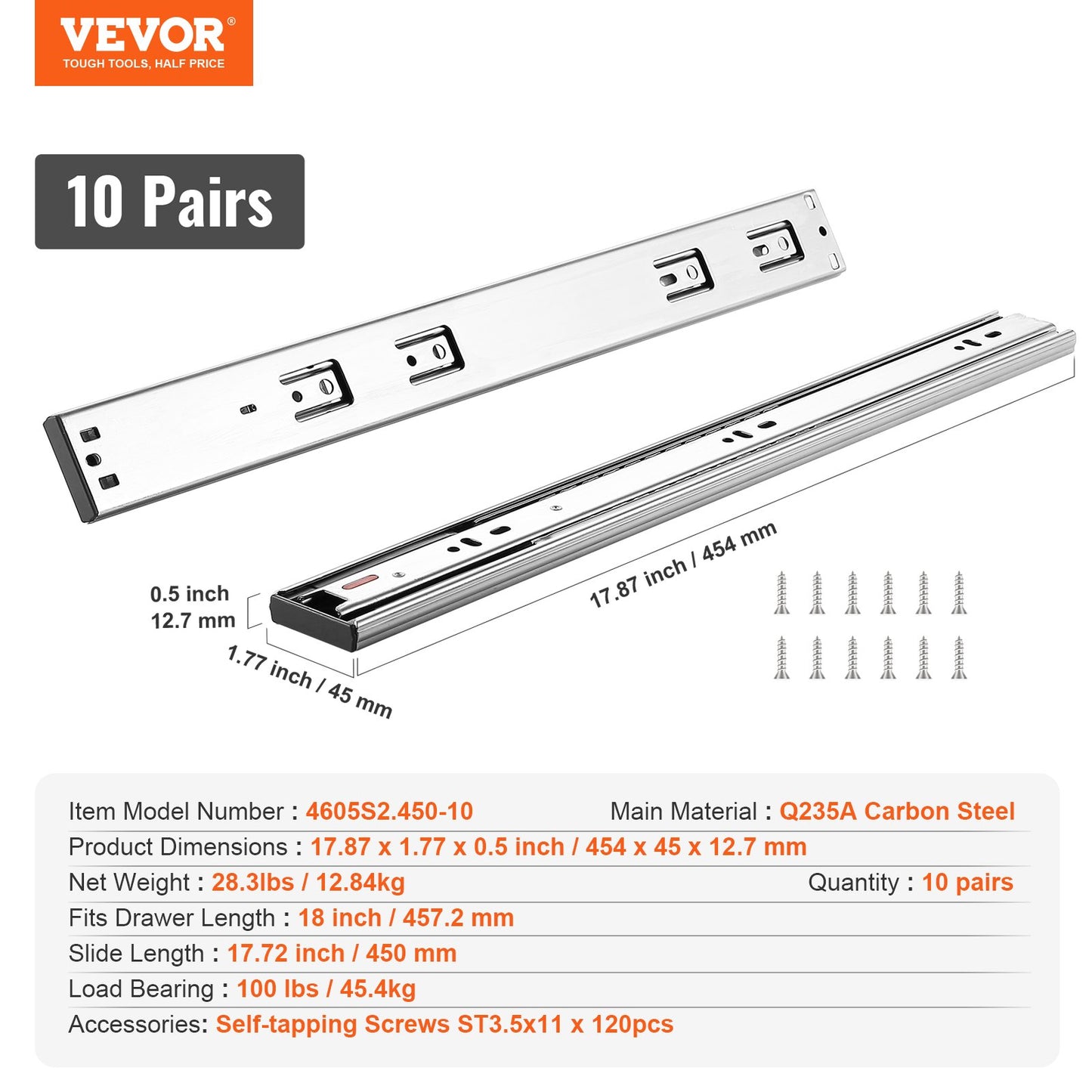 10 Pairs of 18 Inch Drawer Slides Side Mount Rails, Heavy Duty Full Extension Steel Track, Soft-Close Noiseless Guide Glides Cabinet Kitchen Runners with Ball Bearing, 100 Lbs Load Capacity