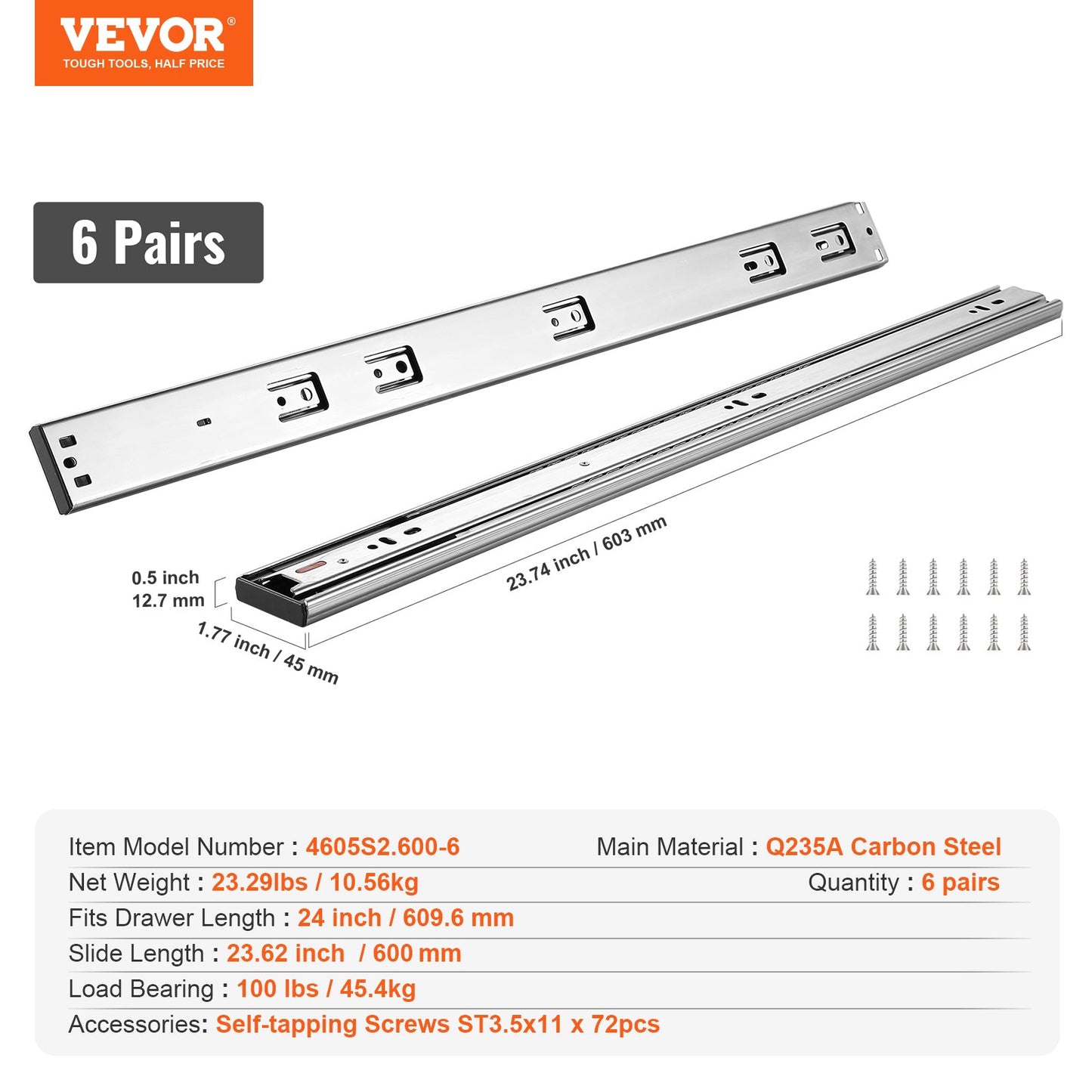 6 Pairs of 24 Inch Drawer Slides Side Mount Rails, Heavy Duty Full Extension Steel Track, Soft-Close Noiseless Guide Glides Cabinet Kitchen Runners with Ball Bearing, 100 Lbs Load Capacity