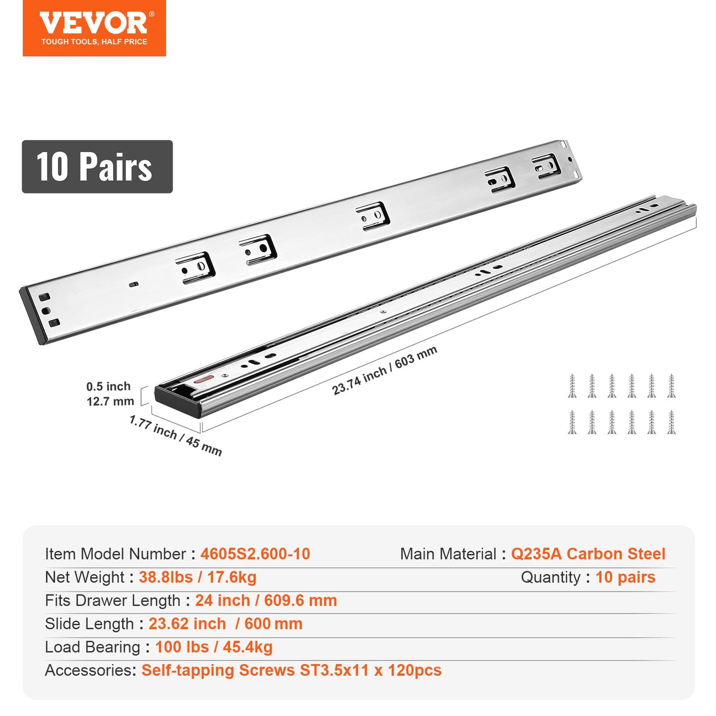 10 Pairs of 24 Inch Drawer Slides Side Mount Rails, Heavy Duty Full Extension Steel Track, Soft-Close Noiseless Guide Glides Cabinet Kitchen Runners with Ball Bearing, 100 Lbs Load Capacity