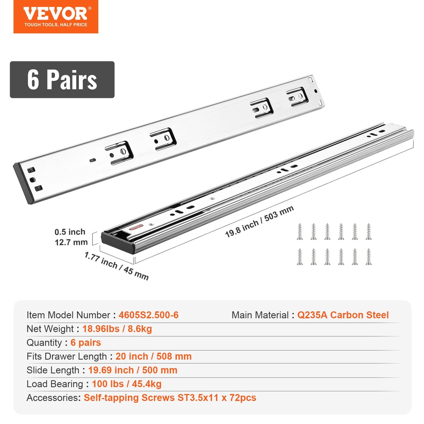 6 Pairs of 20 Inch Drawer Slides Side Mount Rails, Heavy Duty Full Extension Steel Track, Soft-Close Noiseless Guide Glides Cabinet Kitchen Runners with Ball Bearing, 100 Lbs Load Capacity