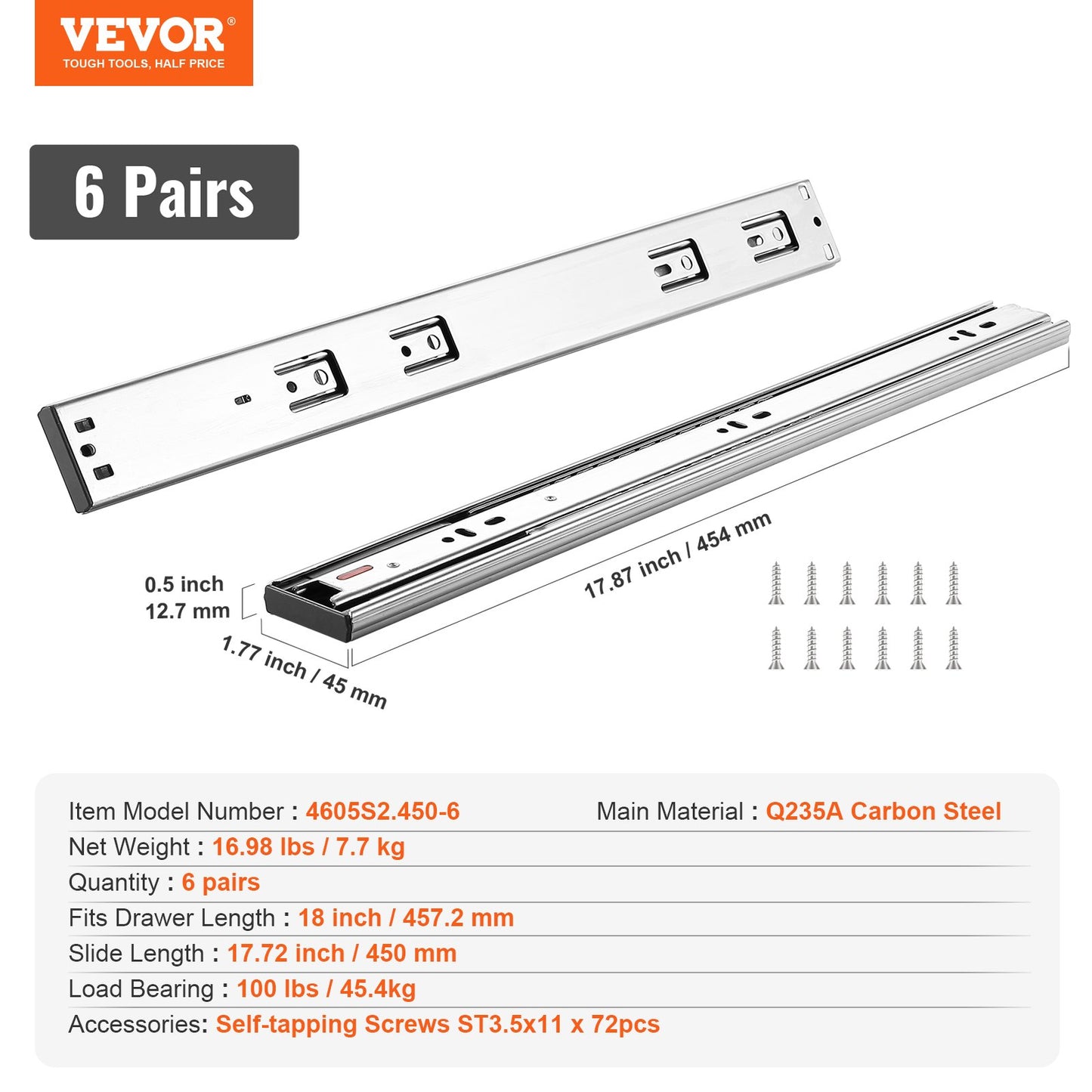 6 Pairs of 18 Inch Drawer Slides Side Mount Rails, Heavy Duty Full Extension Steel Track, Soft-Close Noiseless Guide Glides Cabinet Kitchen Runners with Ball Bearing, 100 Lbs Load Capacity