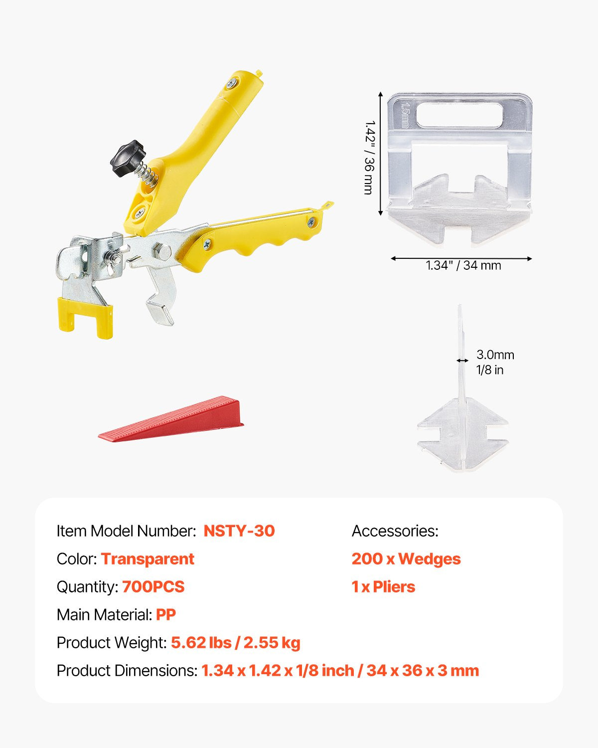 Tile Leveling System, 1/8 Inch(3 mm) with 1pc Tile Plier, 700 PCS DIY Tile Leveler Spacers Clips and 200 PCS Reusable Wedges, Tile Tools Set for Professional Ceramic Tile and Stone Installation