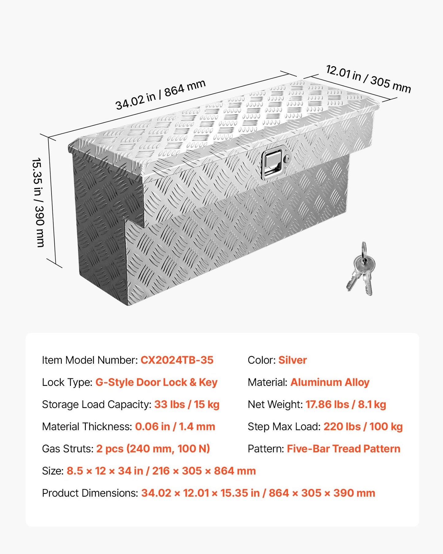 Truck Bed Tool Box, Heavy Duty Aluminum Tool Box with Tread Patterns, Storage Toolbox Chest Organizer with Lock and Key, Ideal for Pickup, Truck Bed, RV, Trailer, 34 x 12 x 15.4 in, Silver