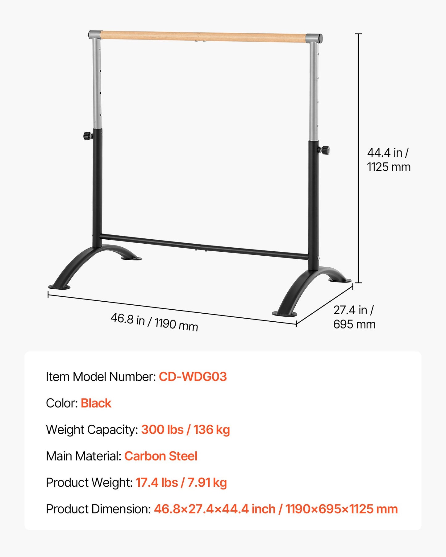 Ballet Barre, 4 Ft Barre Bar for Home, Freestanding Portable Ballet Stretching Dance Bars, Height Adjustable Anti-Wobble Fitness Gym Studio Equipment, for Pilates Balance Workout