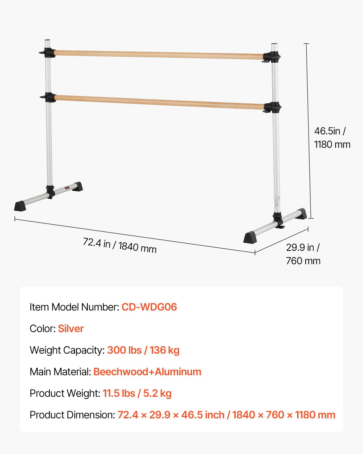 Ballet Barre, 6 Ft Double Beechwood Barre Bar for Home, Freestanding Portable Ballet Stretching Dance Bars, Height Adjustable Anti-Wobble Fitness Gym Equipment, for Pilates Balance Workout