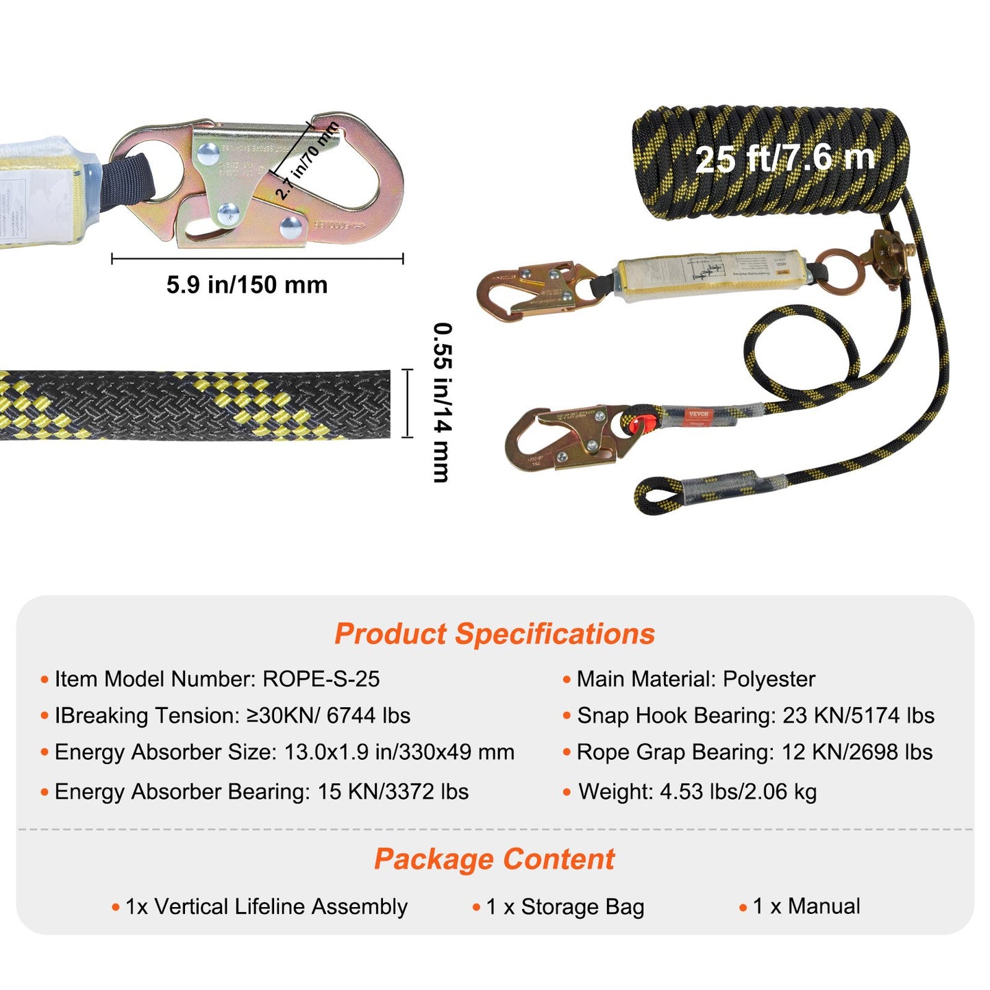Vertical Lifeline Assembly, 0.55'' x 25' Fall Protection Rope with 30 KN Breaking Tension, Polyester Roofing Rope with Steel Snap Hooks, Rope Grab, and Shock Absorber, ANSI Compliant