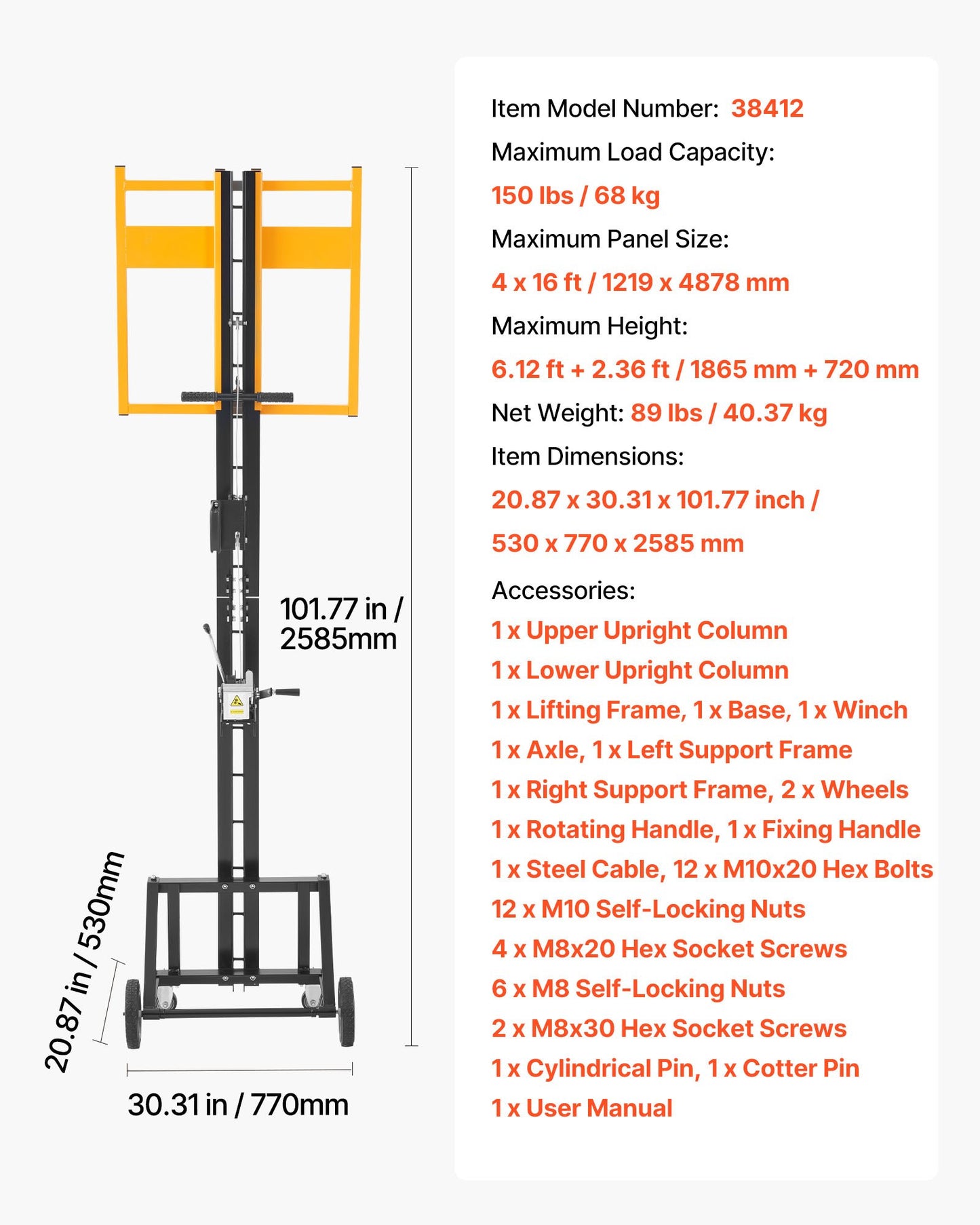 Drywall Lift, Heavy-Duty 150 lbs Sheetrock Hoist for Wall Installation, One Person Drywall Installation, 4 x 16 ft Max. Panel Lifter Jack Hoist with Wheels, Easy Transport (Yellow)
