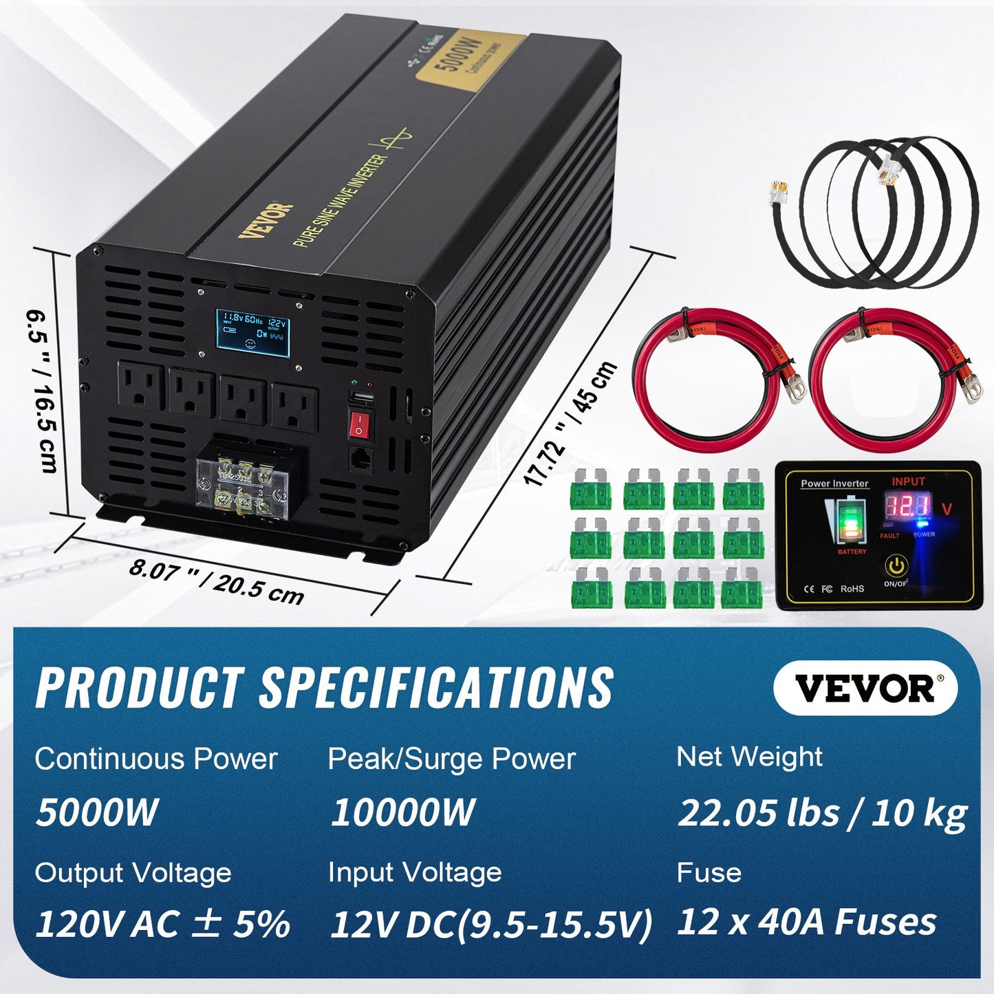Pure Sine Wave Inverter, 5000 Watt, Power Inverter, DC 12V to AC 120V Car Inverter, with LCD Display, USB Port and Remote Controller, Power Converter for Car RV Truck Solar System Travel Camping