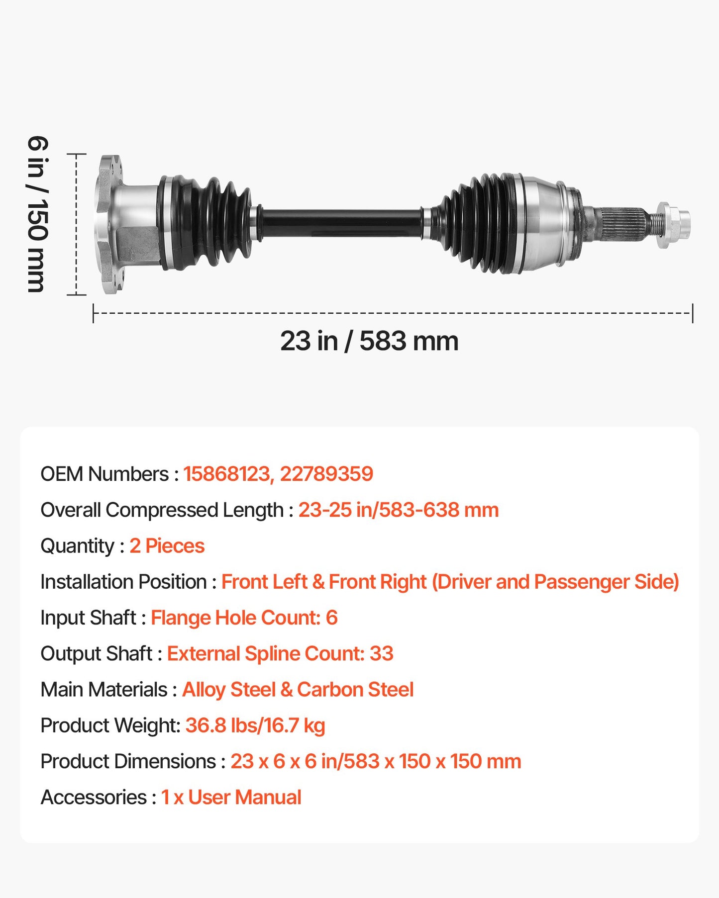 CV Axle Shaft Assembly, 2 Pieces Front Left & Right (Driver and Passenger Side), Automotive Replacement CV Axles Pair Compatible with 2007-2020 Cadillac Escalade, Alloy Steel & Carbon Steel