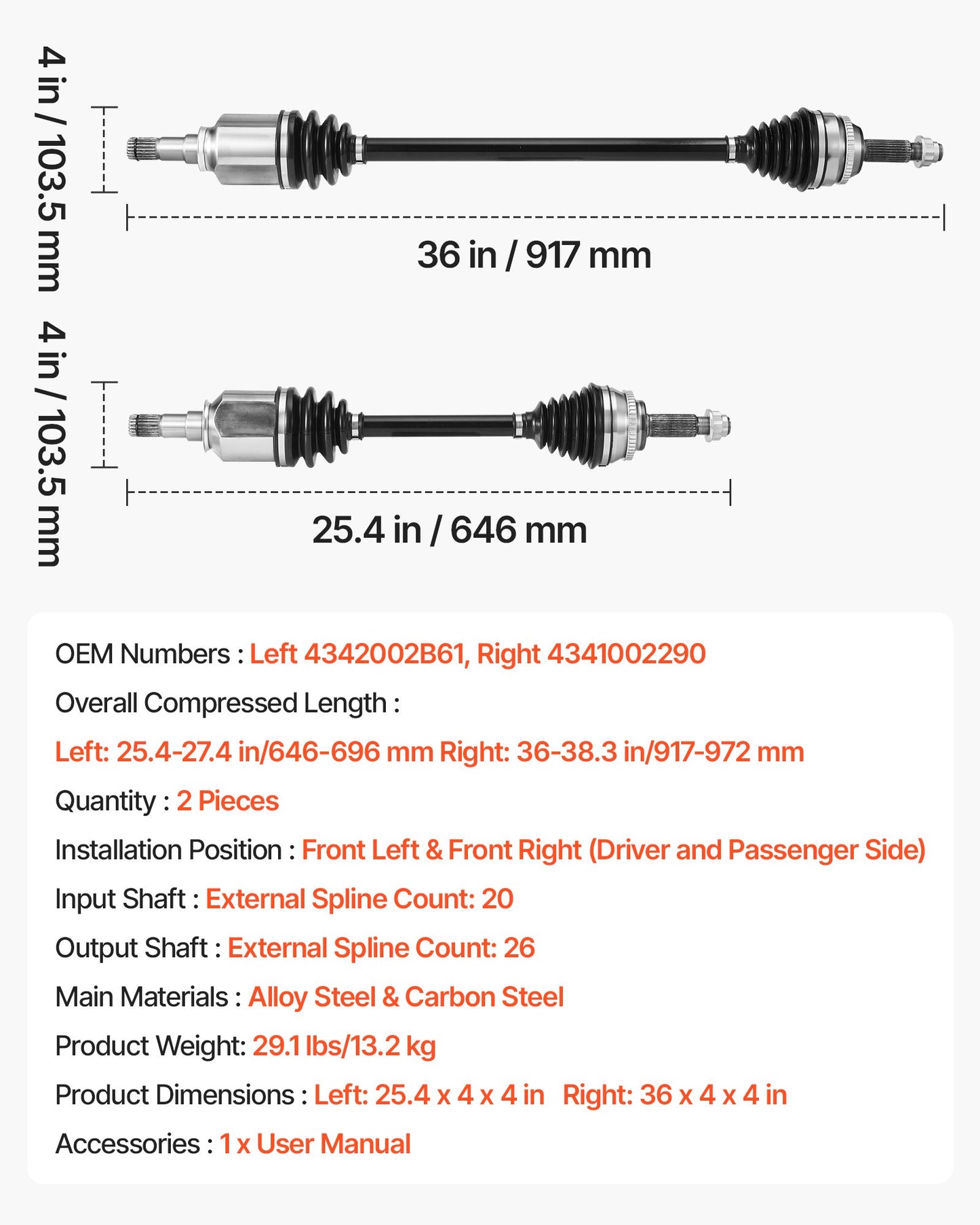 CV Axle Shaft Assembly, 2 Pieces Front Left & Right (Driver and Passenger Side), Automotive Replacement CV Joint Axles Pair Compatible with 2009-2018 Toyota Corolla, Alloy Steel & Carbon Steel
