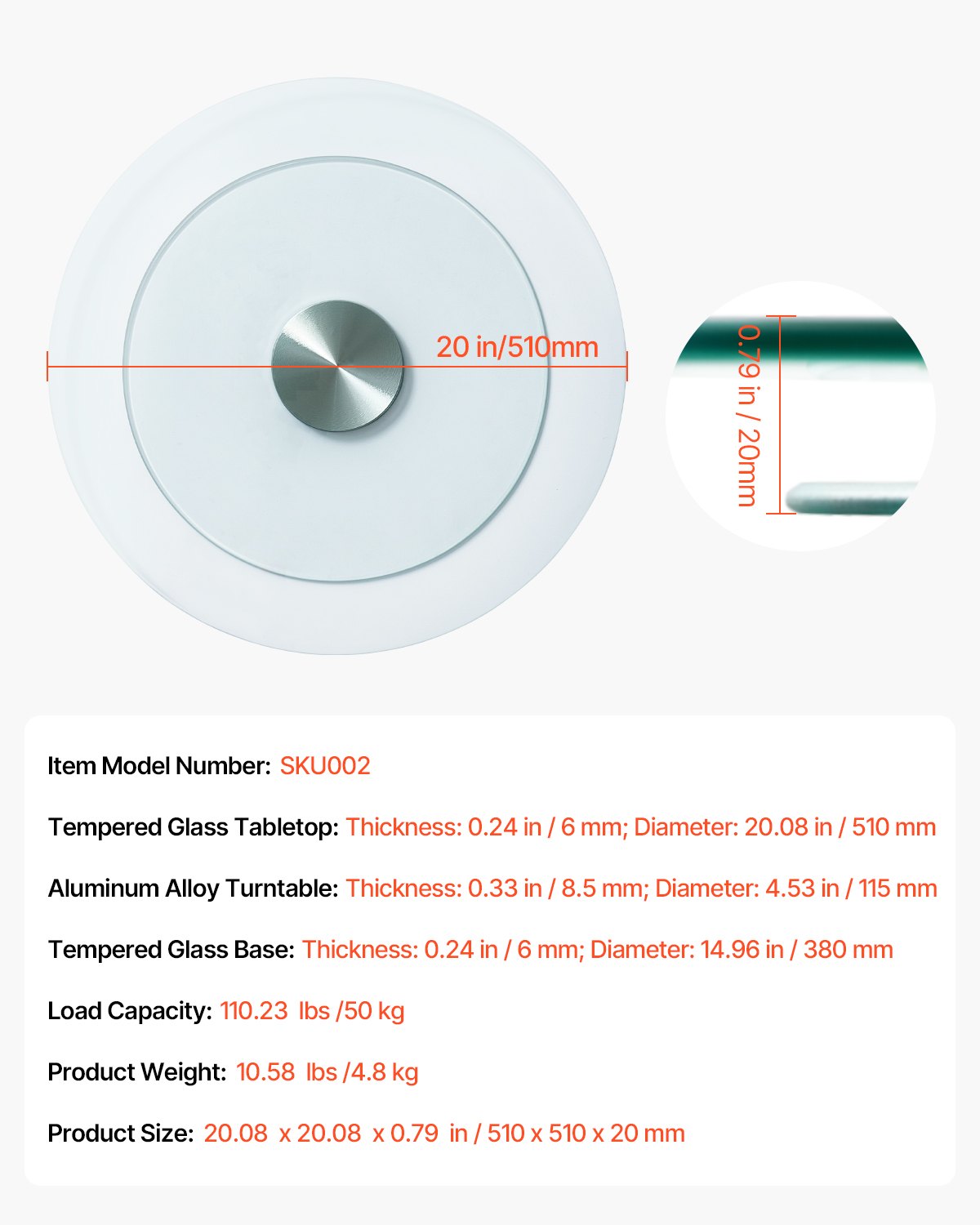20 in Glass Lazy Susan Turntable, 360° Rotation Round Clear Tabletop Rotating Tray, Tempered Glass Dining Table Centerpiece, Smooth and Silent Spin, for Family Gatherings, Banquets & Weddings