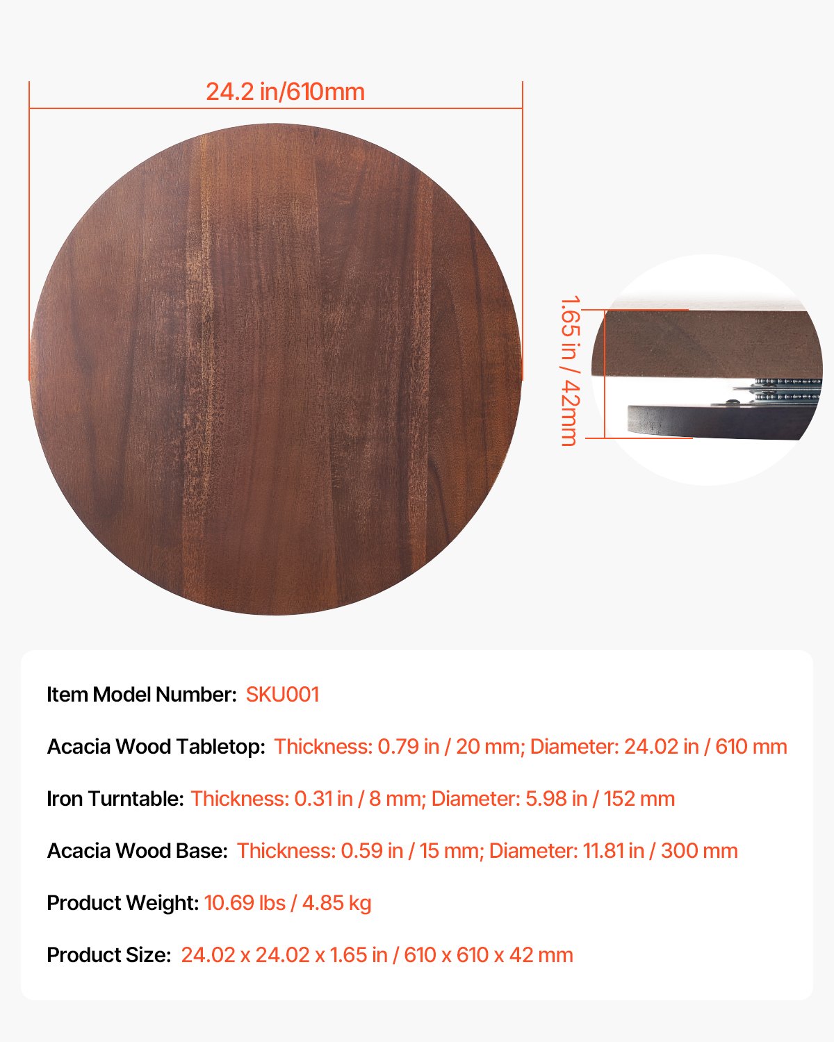 24 in Wood Lazy Susan Turntable, 360° Rotation Round Clear Tabletop Rotating Tray, Acacia Wood Dining Table Centerpiece, Smooth and Silent Spin, for Family Gatherings, Banquets and Weddings