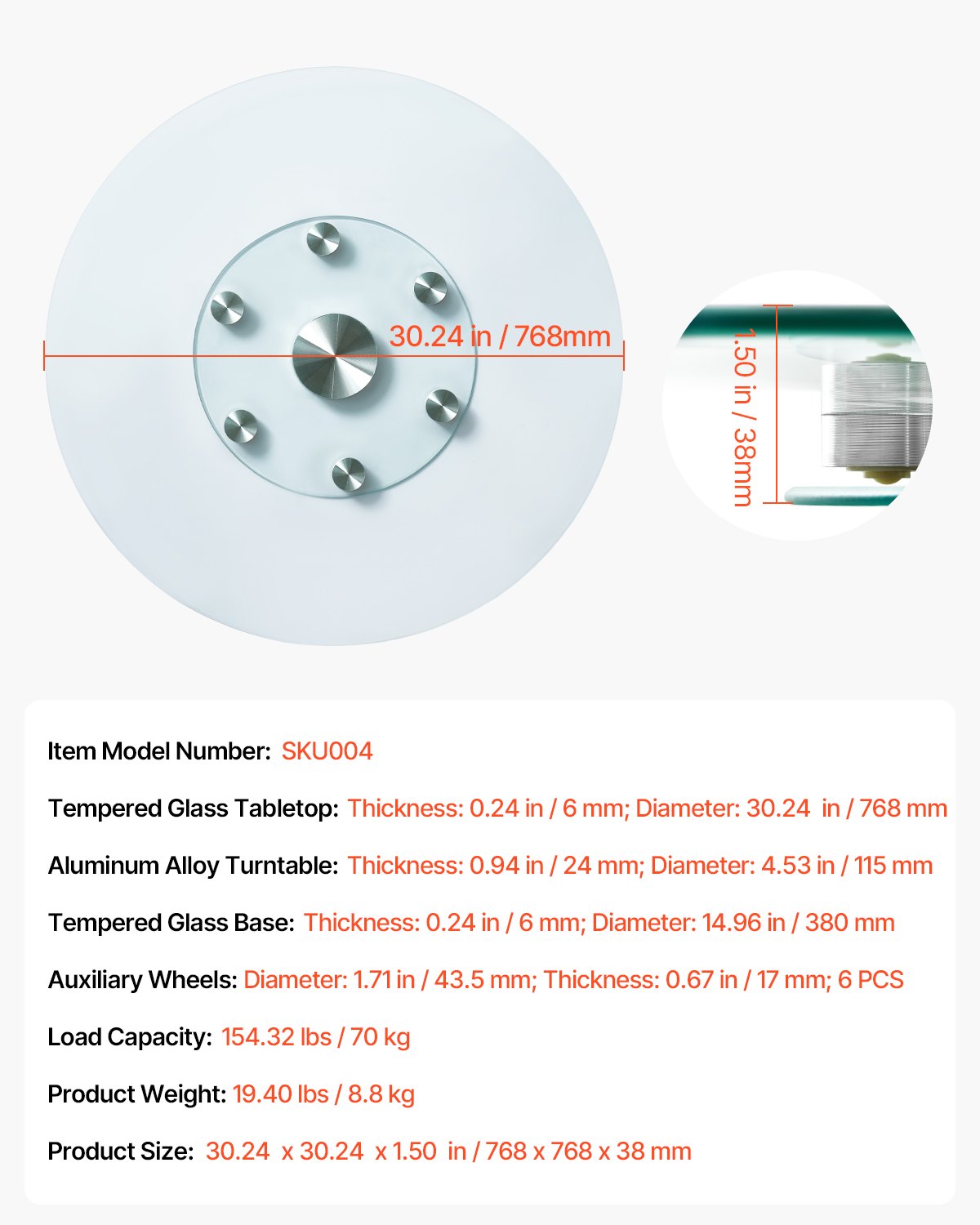 30 in Glass Lazy Susan Turntable, Tempered Glass Dining Table Centerpiece with 6 Rotating Wheels, 360° Smooth and Silent Spin Tabletop Rotating Tray, for Family Gatherings, Banquets & Weddings