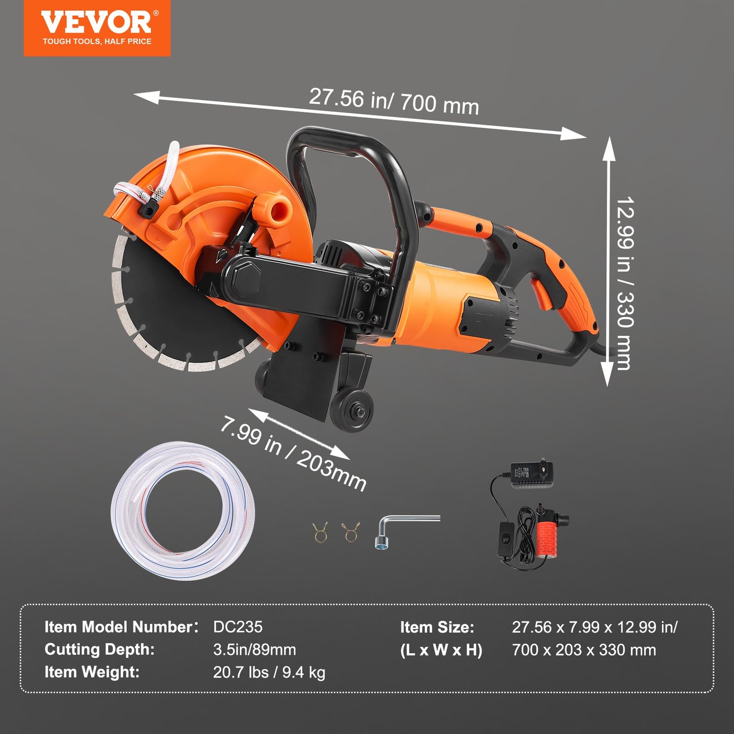 Electric Concrete Saw, 9 in, 1800 W Motor Circular Saw Cutter with 3.5 in Cutting Depth, Wet/Dry Disk Saw Cutter Includes Water Line, Pump and Blade, for Stone, Brick
