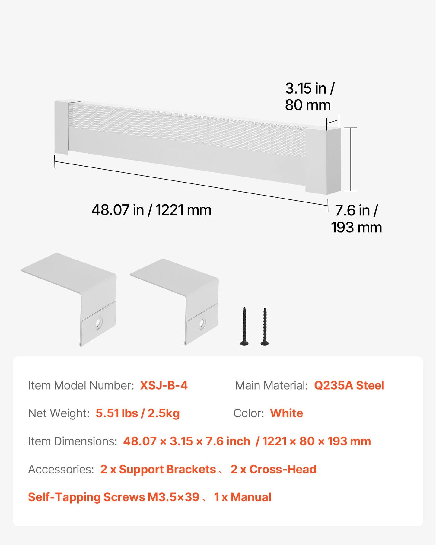Baseboard Heater Covers, Basic Series 4 ft Standard Electric Heating Unit Front Cover for Home Improvement, Heavy-duty Steel, Easy Installation for Bedroom Replacing Old Cover, White
