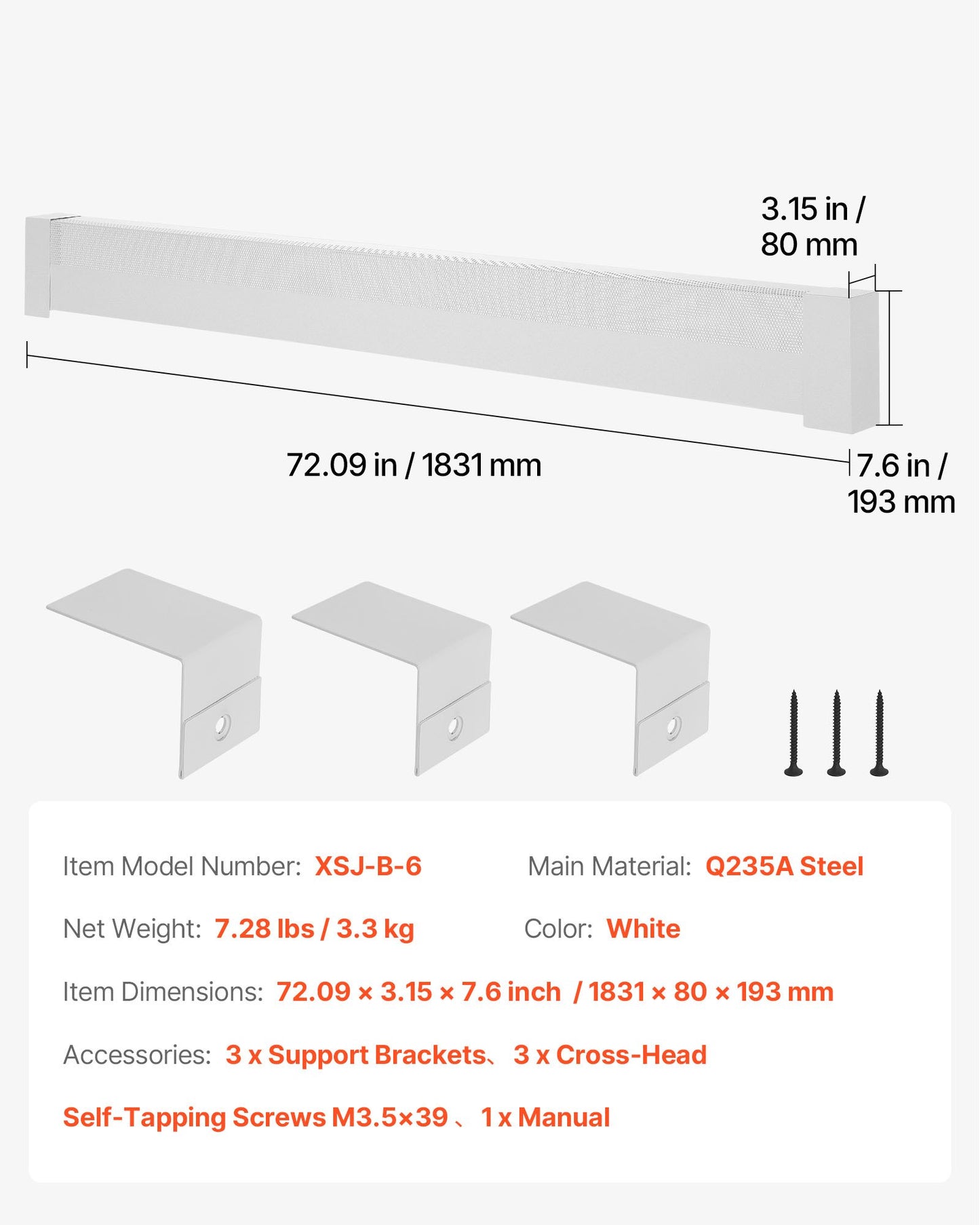 Baseboard Heater Covers, Basic Series 6 ft Standard Electric Heating Unit Front Cover for Home Improvement, Heavy-duty Steel, Easy Installation for Bedroom Replacing Old Cover, White