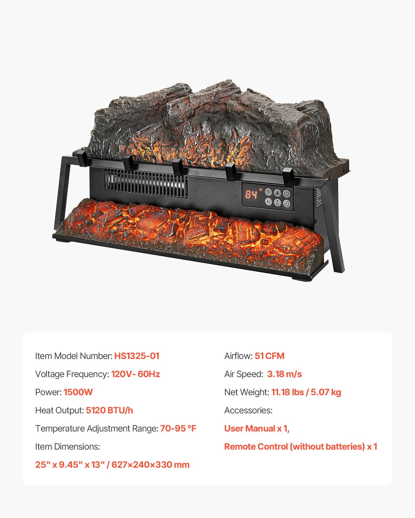Electric Fireplace Log, 25 inch Fireplace Insert Log Heater, with Crackling Sound,Remote Controller, 5 Adjustable Flame Brightness, Timer, Overheat Protection, Thermostat, for Home Decor Black