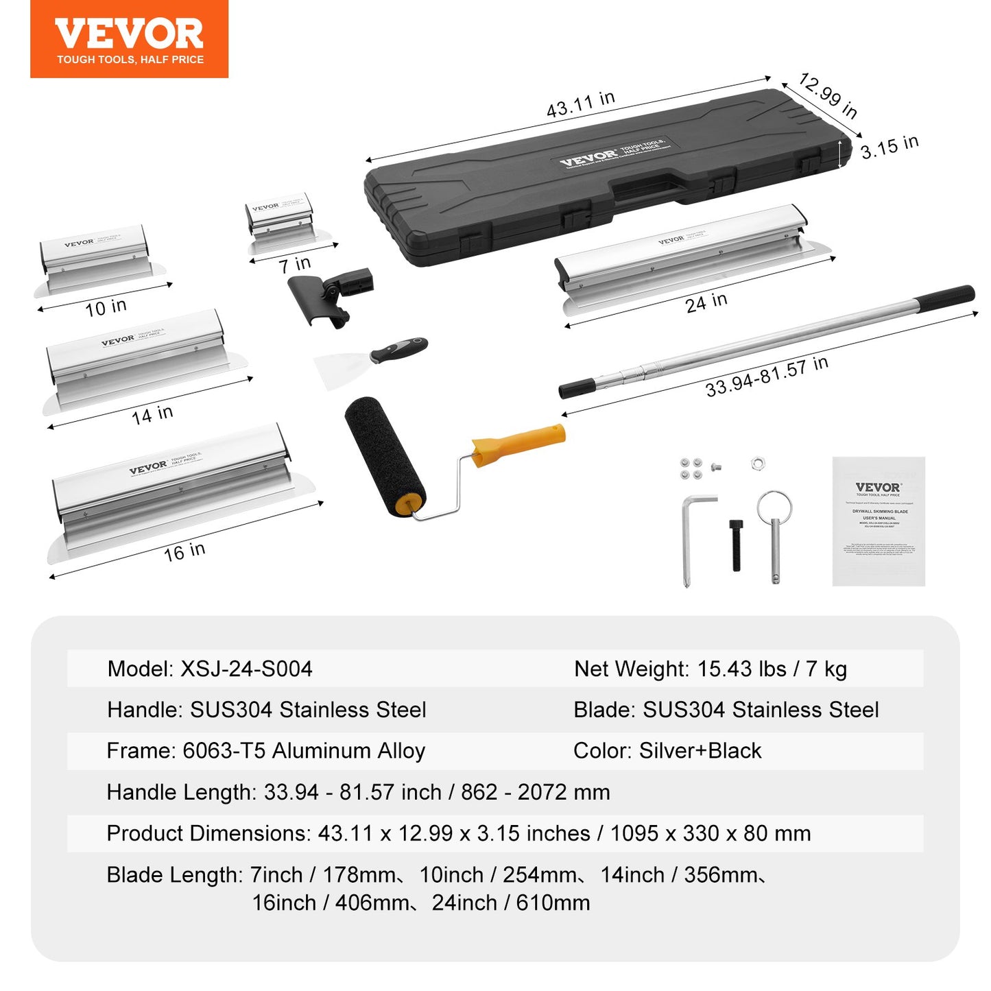 Drywall Skimming Blade Set, 7/10/14/16/24 in Skimming Blades + 34 - 81.6 in Extension Handle Pole, Stainless Steel Knife Professional Skim Coat Tools, for Gyprock/WallBoard/Plasterboard