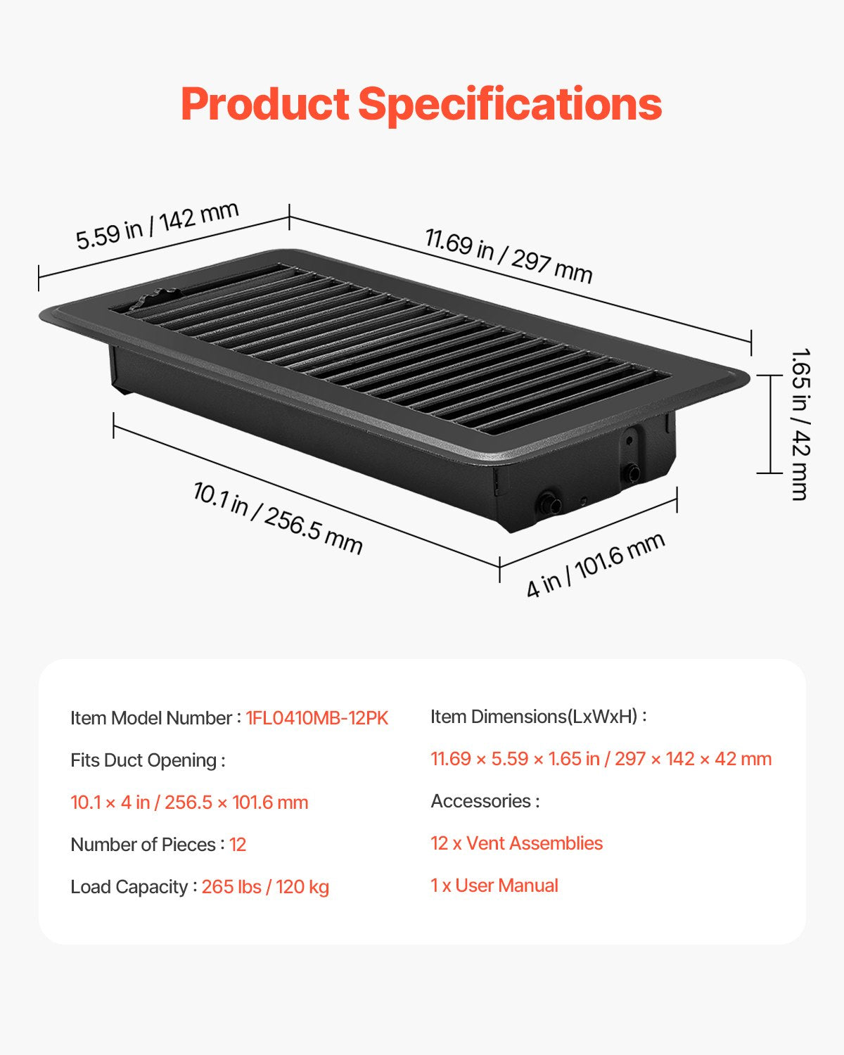 4 x 10 Inch Floor Registers, 12-Pack Vent Grilles, HAVC Heavy-Duty Walkable Iron Floor Vents, Easily Adjustable Rust-Proof Air Vents Deflector with Metal Damper, Ideal for Home & Office, Black