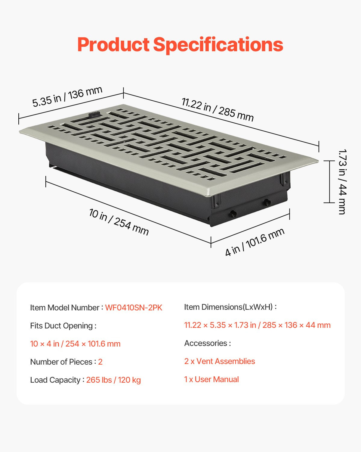 4 x 10 Inch Floor Registers, 2-Pack Vent Grilles, HVAC Heavy-Duty Walkable Iron Floor Vents, Easily Adjustable Rust-Proof Air Vents Deflector with Metal Damper, for Home & Office, Nickel-Plated