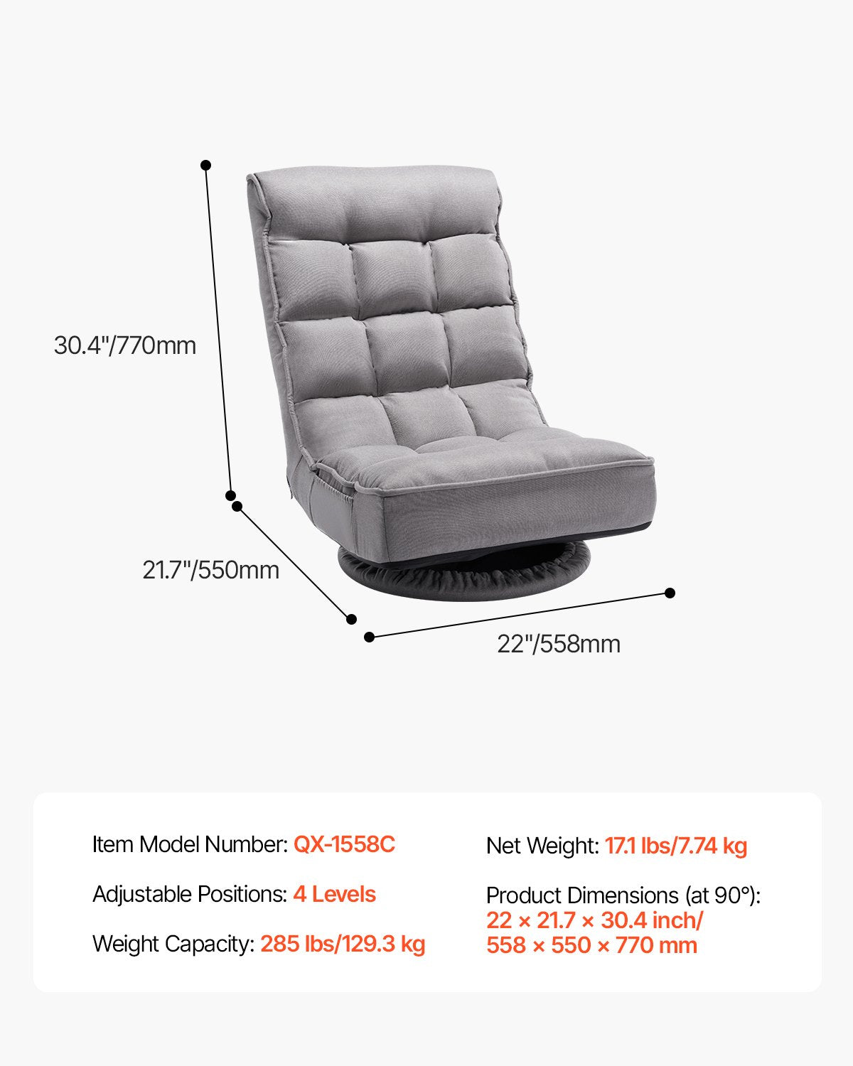 Swivel Floor Gaming Chair, 360-Degree Rotating Floor Chair with 4 Adjustable Position Folding Backrest and Lumbar Support, Folding Video Reclining Sofa for Watching TV Reading Playing Game, Gray