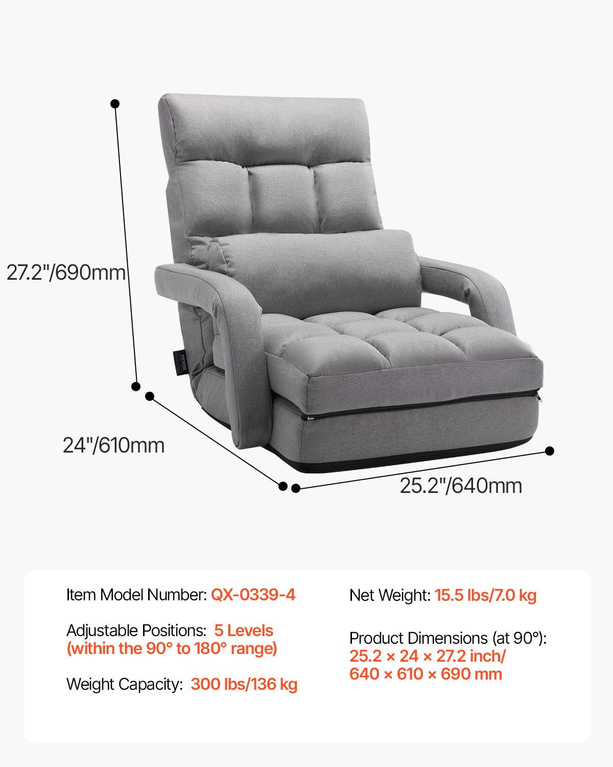 Floor Chair, Floor Gaming Chair with 5 Adjustable Position and Back Support, Folding Sofa Chair with Armrest for Adults, Sofa Lounger Bed with Back Cushion for Living Room and Bedroom, Gray