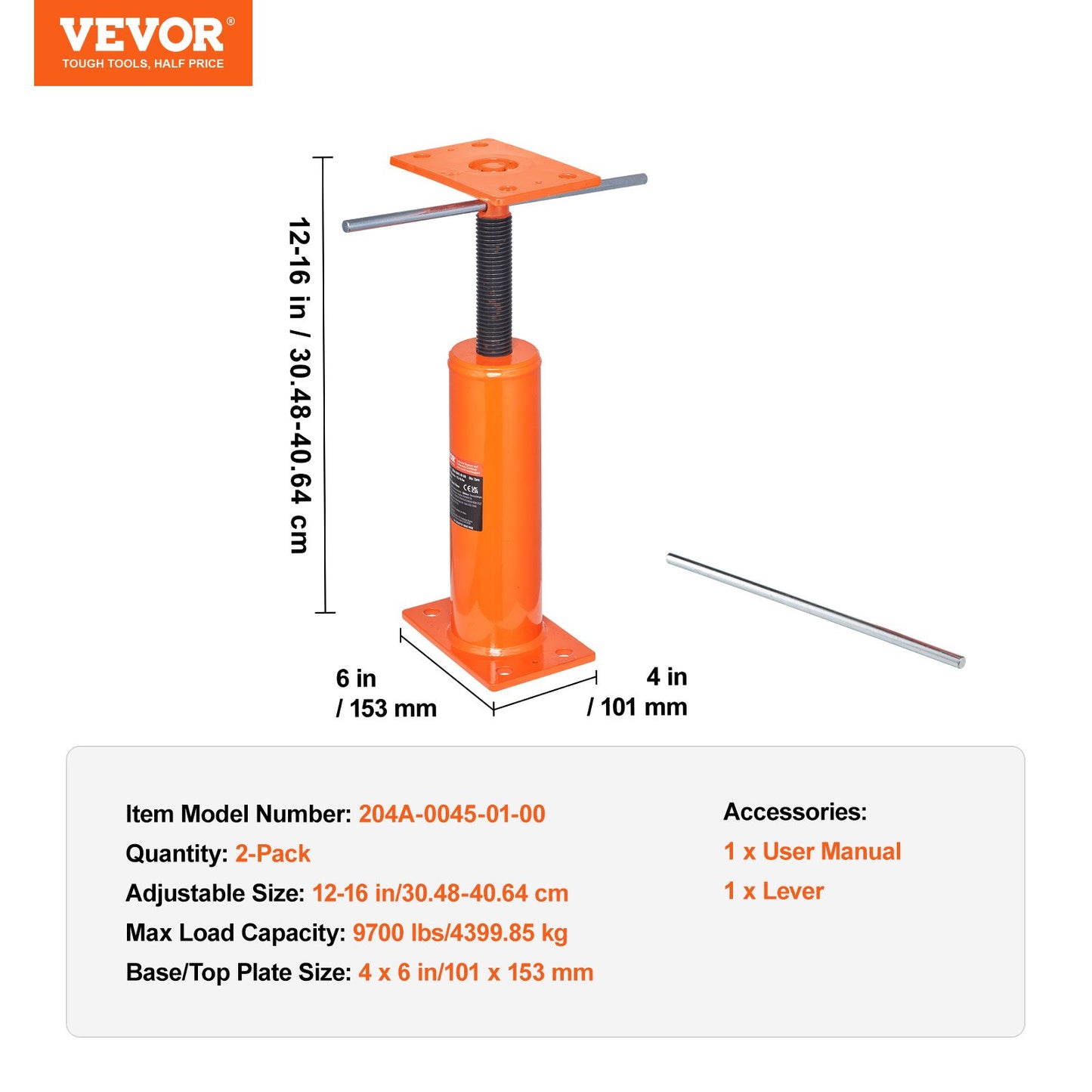 House Floor Jacks, 2 Pack, 12"-16" Height Range, 9700 lbs Max Load Capacity Per Unit, Adjustable Support Beam Basement Jack Post Pole for Leveling, Steel Telescoping Jack for Temporary Support