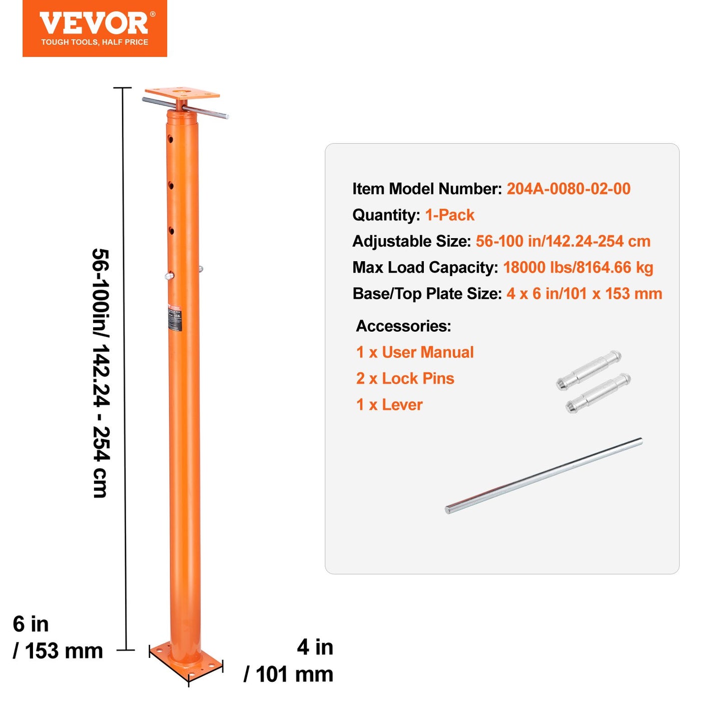 House Floor Jack, 56"-100" Height Range, 18000 lbs Max Load Capacity, Adjustable Support Beam Basement Jack Post Pole for Leveling, Lift Support Steel Telescoping Jack for Temporary Support