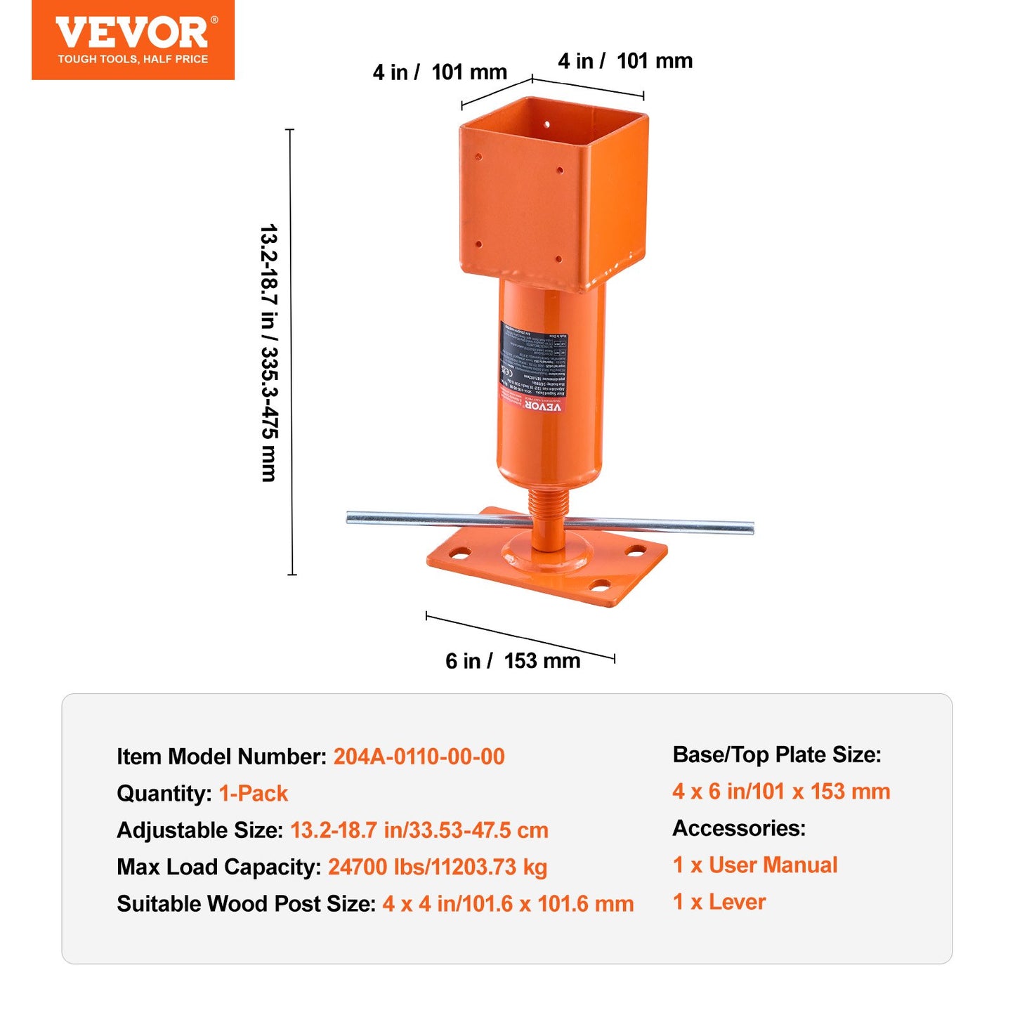 Screw Jack Post, 4" x 4", 13.2"-18.7" Height Range, 24700 lbs Max Load Capacity, Adjustable Shore Jack, Temporary House Jack Pole for Home Leveling, Lifting Floor Crawlspace Basement Shore Beam
