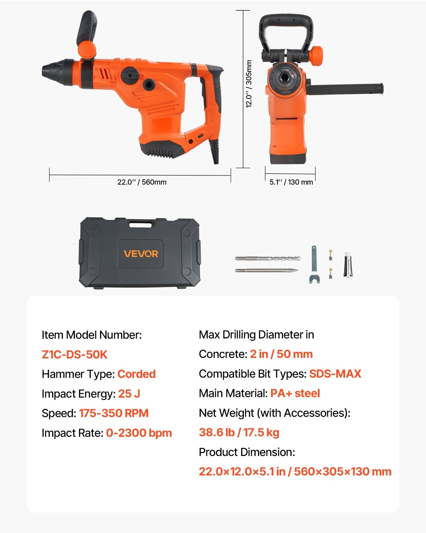 Corded Hammer Drill, 1600W 175-350RPM Electric Demolition Drills, 2-Inch SDS-Max Rotary Hammer Driver, 3 Functions Chipping Power Tool Kit for Concrete, Drilling Wood Plastic