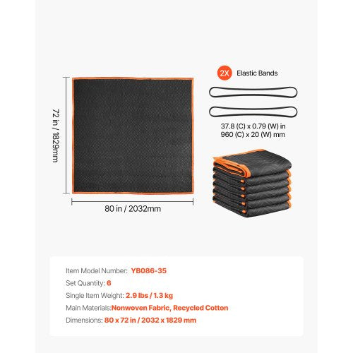 Flyttfiltar 6 st, 2032 x 1829 mm (15,9 kg/dz) Stora packfiltar med bomullsfyllning, kraftig non-woven vadderad flyttfilt för frakt, inslagning, skydd av möbler | EU