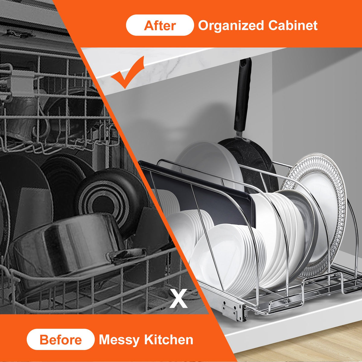Pan and Pot Rack, Expandable Pull Out Under Cabinet Organizer, Cookie Sheet Baking Pans tray Organization, Adjustable Wire Dividers, Steel Lid Holder for Kitchen Cabinet & Pantry Storage, 11.7"W