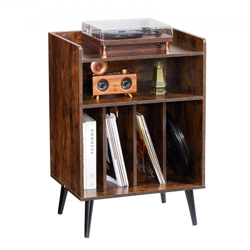 3-tier Turntable with LED Lights & USB Ports Wooden Vinyl Shelf Brown | EU
