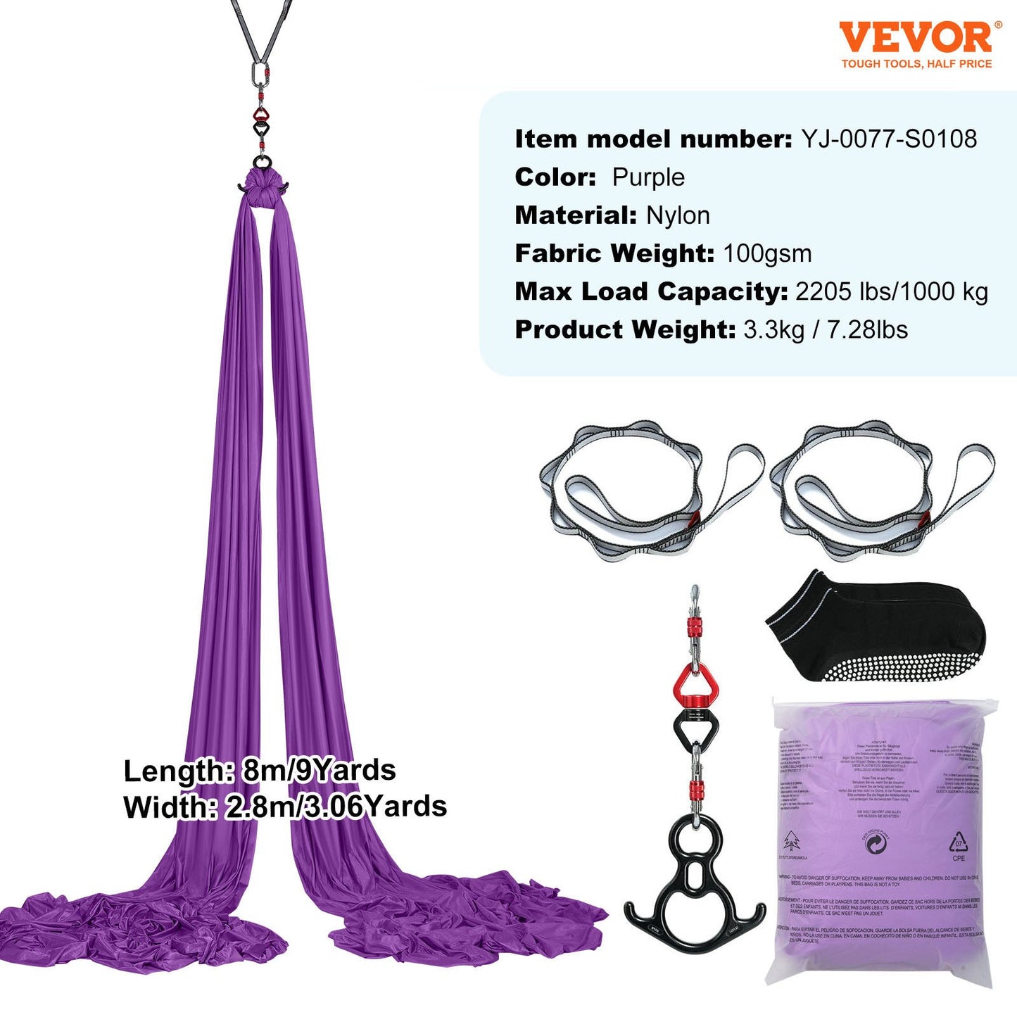 Aerial Silk & Yoga Swing, 8.7 Yards, Aerial Yoga Hammock Kit with 100gsm Nylon Fabric, Full Rigging Hardware & Easy Set-up Guide, Antigravity Flying for All Levels Fitness Bodybuilding, Purple