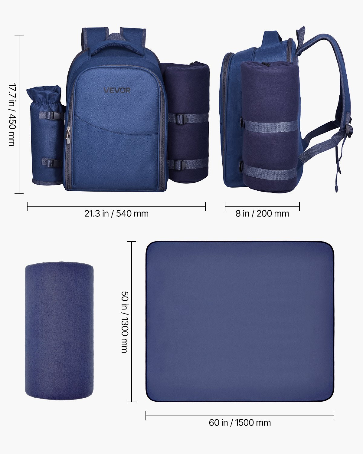 Picnic Backpack, Beach Picnic Backpack Bag for 2 Person with Insulated Cooler Compartment, Detachable Bottle/Wine Holder, Lightweight Blanket, Plates & Cutlery Set for Hiking, Camping, Navy Blue