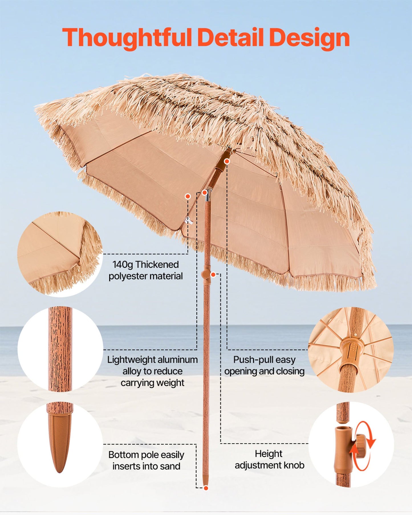 Tiki Umbrella, 6.5 ft Thatched Patio Umbrella with Tilt, Hawaiian Style Beach Parasol with Durable PP Thatch and 8 Metal Ribs, Grass Pool Umbrellas for Beach, Patio, Poolside, Backyard & Garden