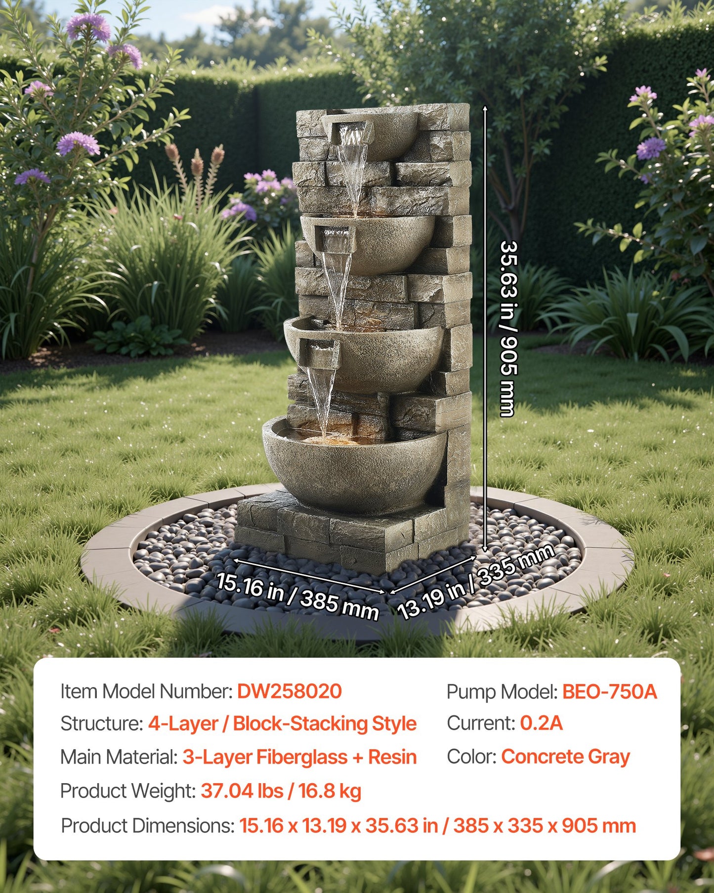 Outdoor Water Fountain, 35.63 in Height Fountain and Waterfall, 4-Tier Floor Standing Cascading Fountains with LED Light and Pump, Block Stack Style, for Outdoor Indoor Garden, Patio & Backyard