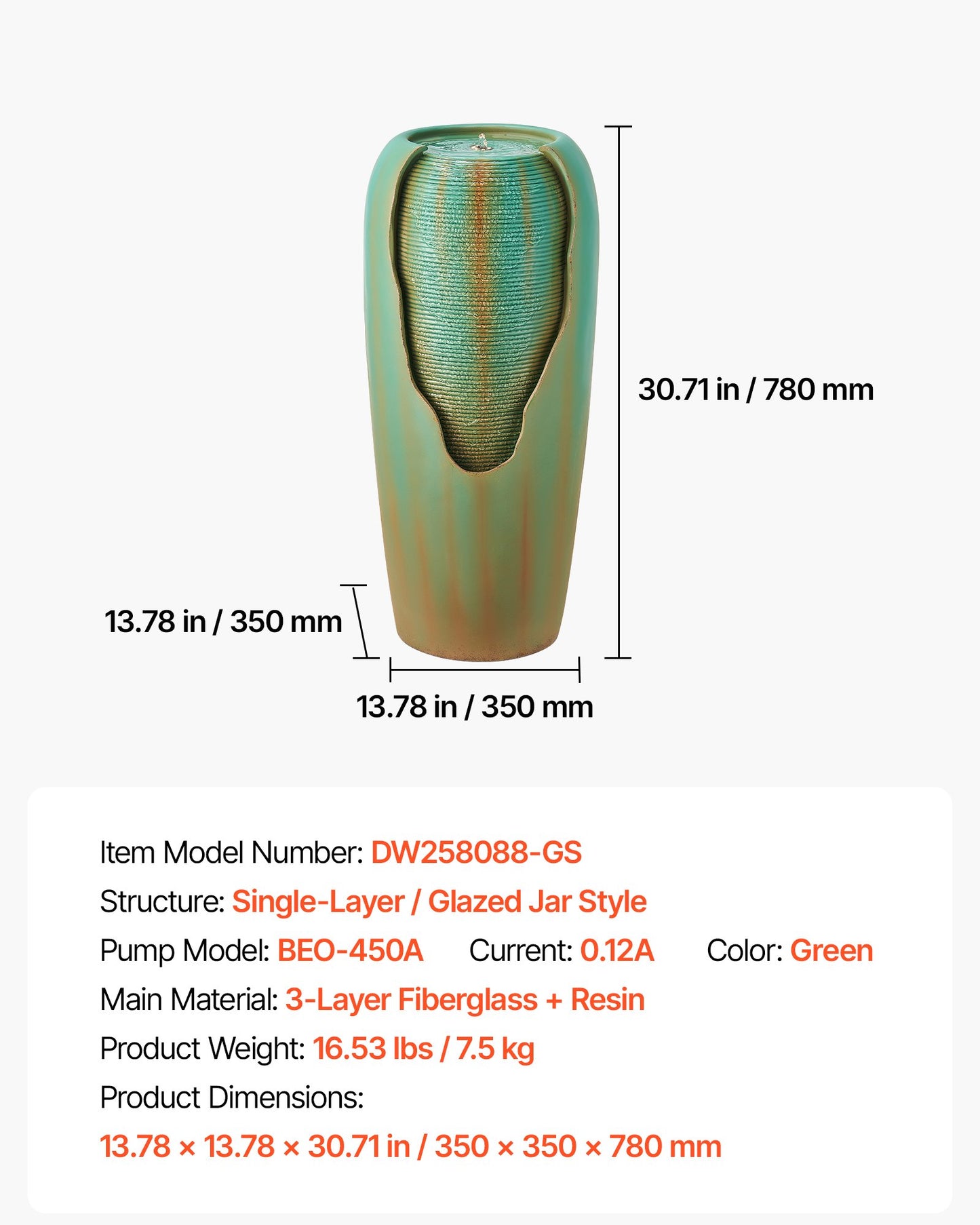 Outdoor Water Fountain, 30.71 in Height Fountain and Waterfall, 1-Tier Floor Standing Glazed Jar Style Fountains with LED Light and Pump, for Outdoor Indoor Garden, Home, Patio & Yard (Green)