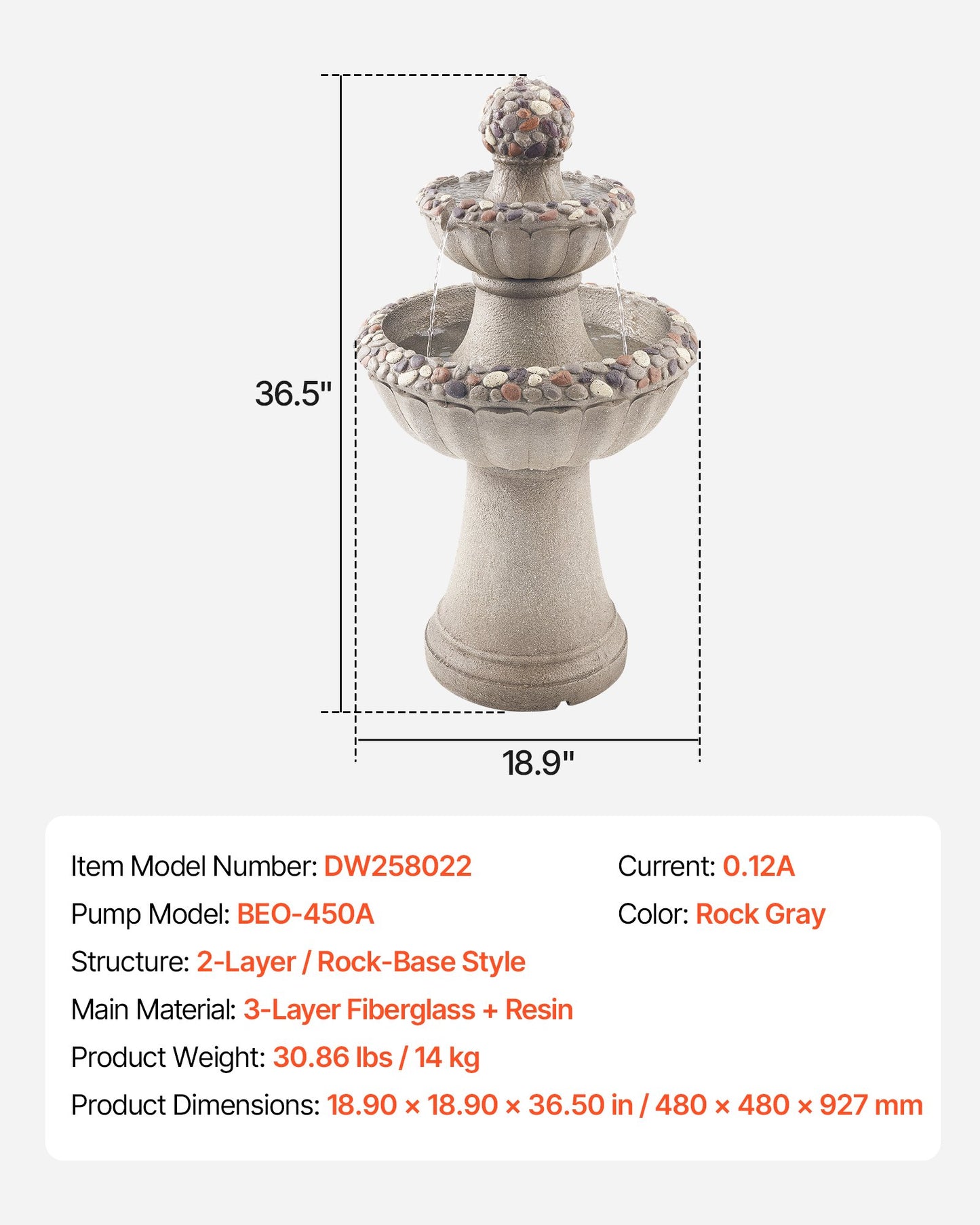 Outdoor Water Fountain, 36.5 in Height Fountain and Waterfall, 2-Tier Floor Standing Rock Base Style Fiberglass and Resin Fountains with Pump, for Outdoor Indoor Garden, Home, Patio & Backyard