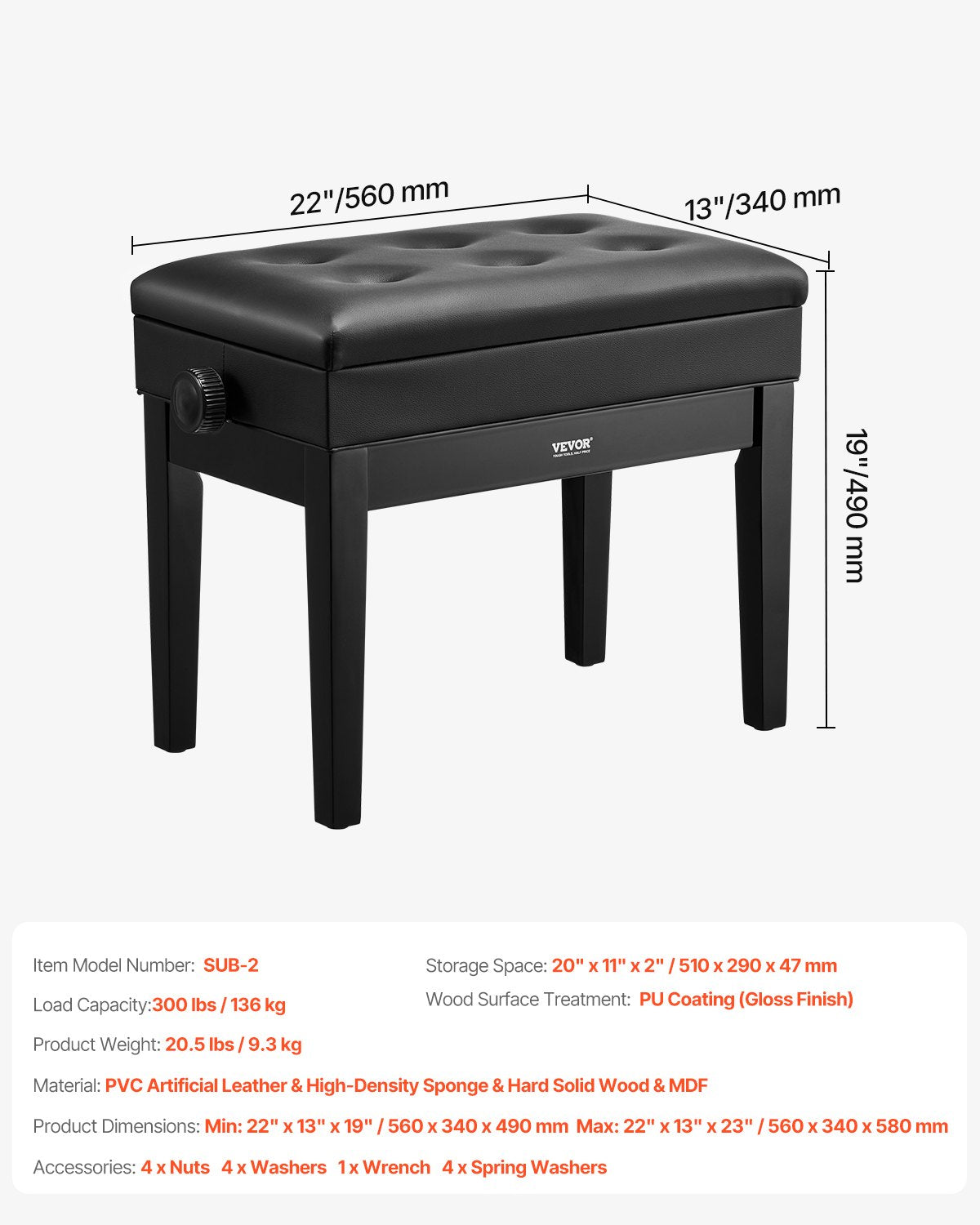 Piano Bench, 22" x 13" x 19.3", Keyboard Piano Chair with 19.3"-22.8" Adjustable Height, Padded Cushion, Storage Compartment for Music Books, Wooden Piano Stool Seat, for Vanity, Living Room