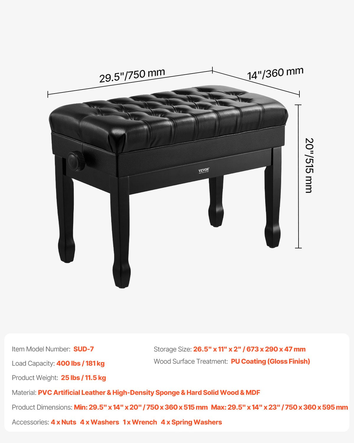 Piano Bench, 29.5" x 14" x 20.3", Duet Keyboard Piano Chair with 20.3"-23.4” Adjustable Height, Padded Cushion, Storage Compartment for Music Books, Wooden Piano Stool Seat, for Vanity, Bedroom
