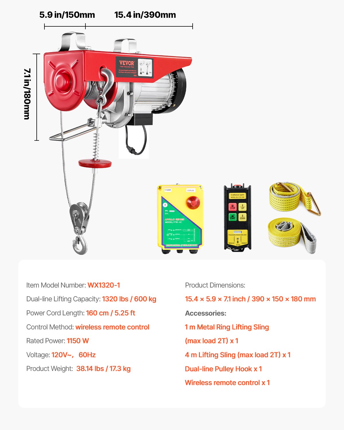 Electric Hoist, 1320 lbs Lifting Capacity, 1150W 110V Electric Steel Wire Winch with Wireless Remote Control, 40ft Single Cable Lifting Height & Pure Copper Motor, for Garage Warehouse Factory