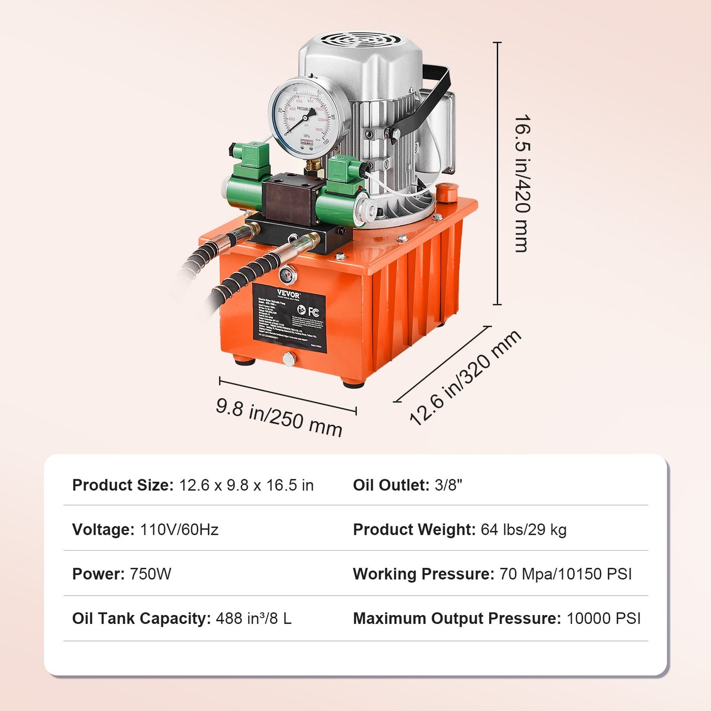 Electric Hydraulic Pump, 10000 PSI 750W 110V 488 in³/8L Capacity, Double Acting Solenoid Valve, Electric Driven Hydraulic Pump Power Pack Unit with Pedal Switch for Punching/Bending/Jack Machine