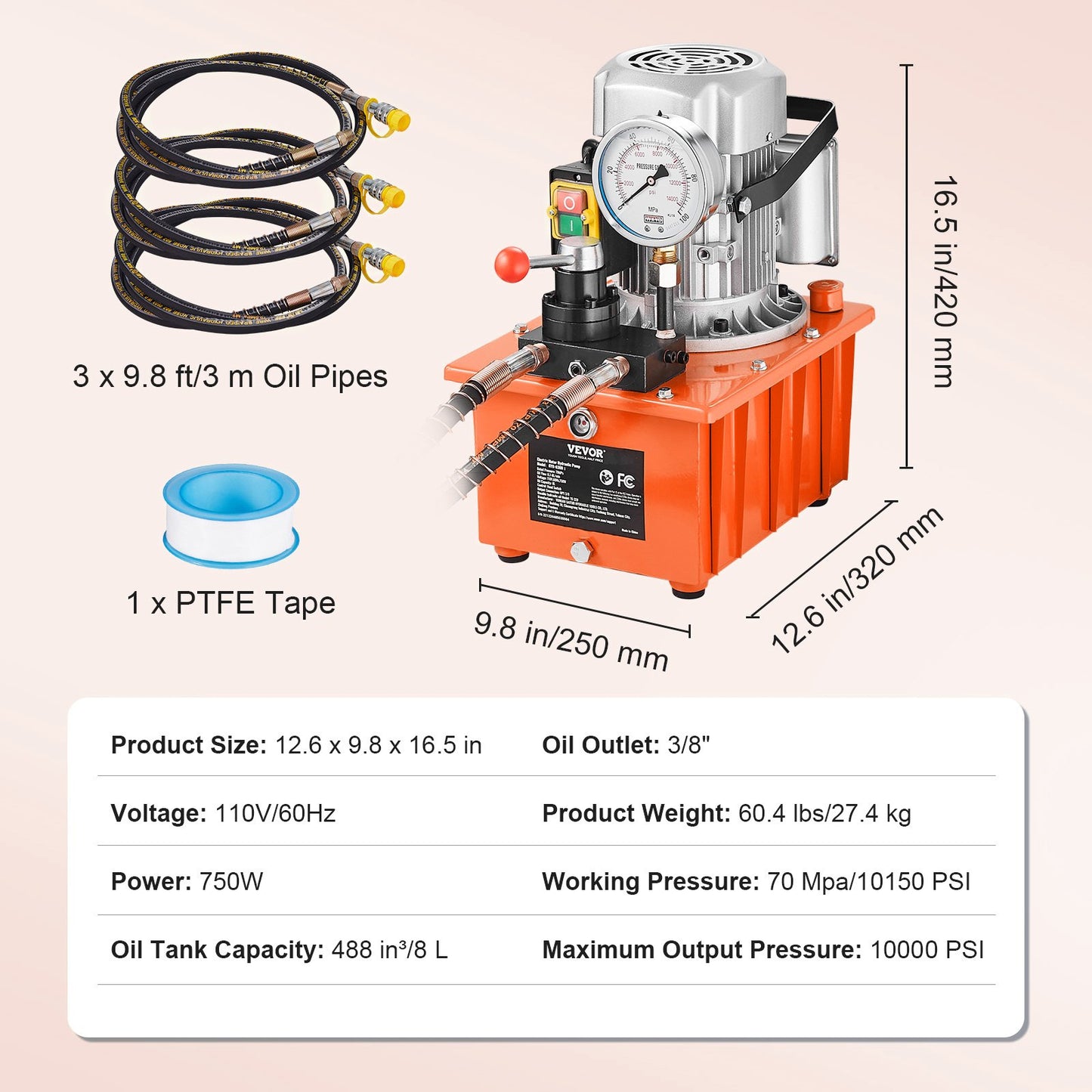 Electric Hydraulic Pump, 10000 PSI 750W 110V, 488 in³/8L Capacity, Double Acting Manual Valve, Electric Driven Hydraulic Pump Power Pack Unit with Lever Switch for Punching/Bending/Jack Machines