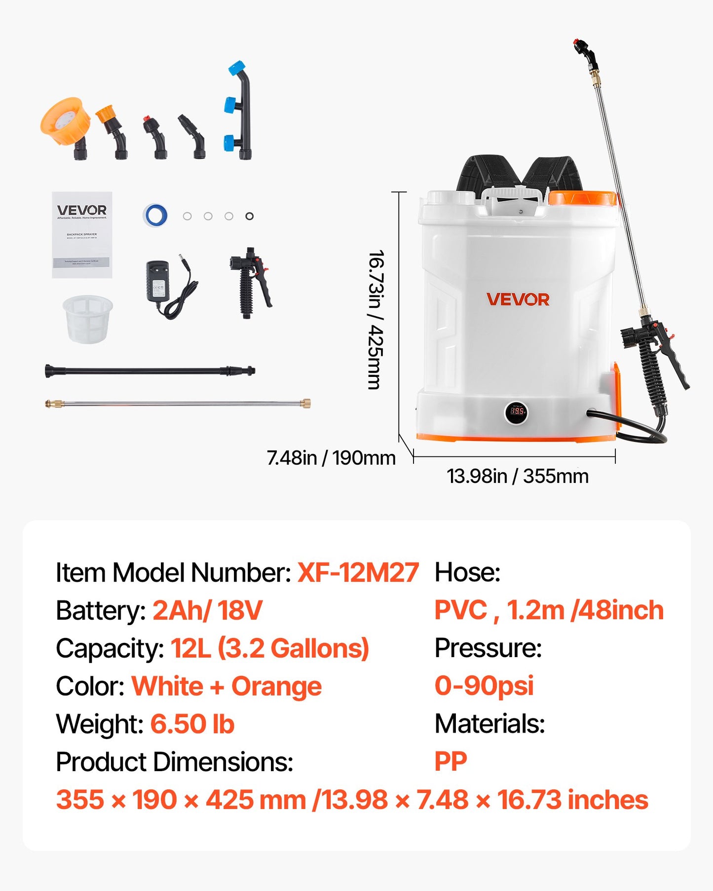 Battery Powered Backpack Sprayer, 3.2 Gal Powerful Electric Backpack Sprayer, 2 Retractable Wands & 5 Nozzles, Adjustable 0-90 PSI, 2 Hour Runtime, Portable Weed Sprayers for Yard Garden Lawn