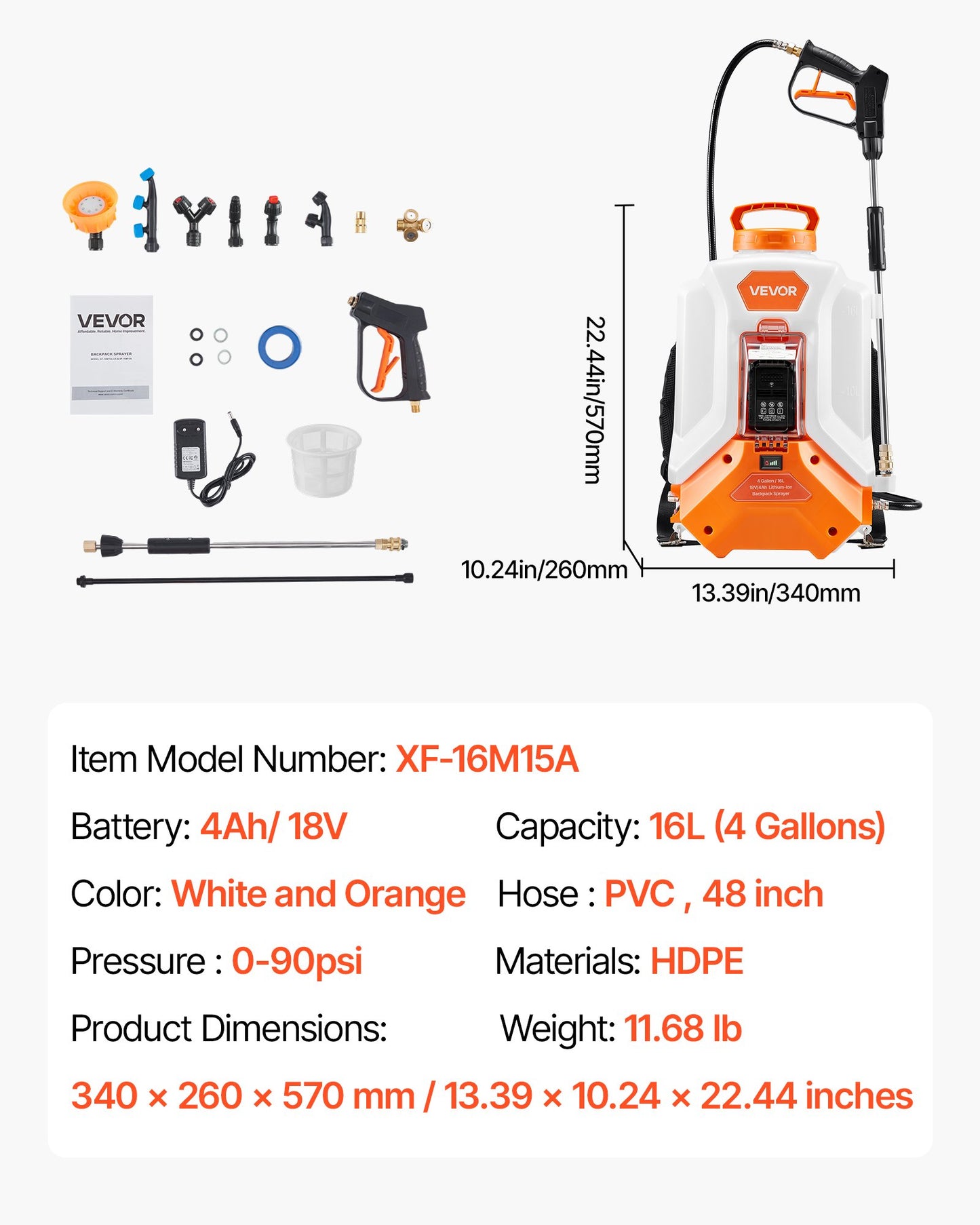Battery Powered Backpack Sprayer, 4 Gallons Electric Backpack Sprayer, 2 Wands & 8 Nozzles, Adjustable 0-90 PSI, 4H Runtime, Portable Yard Garden Lawn Sprayers for Weeding Spraying Cleaning