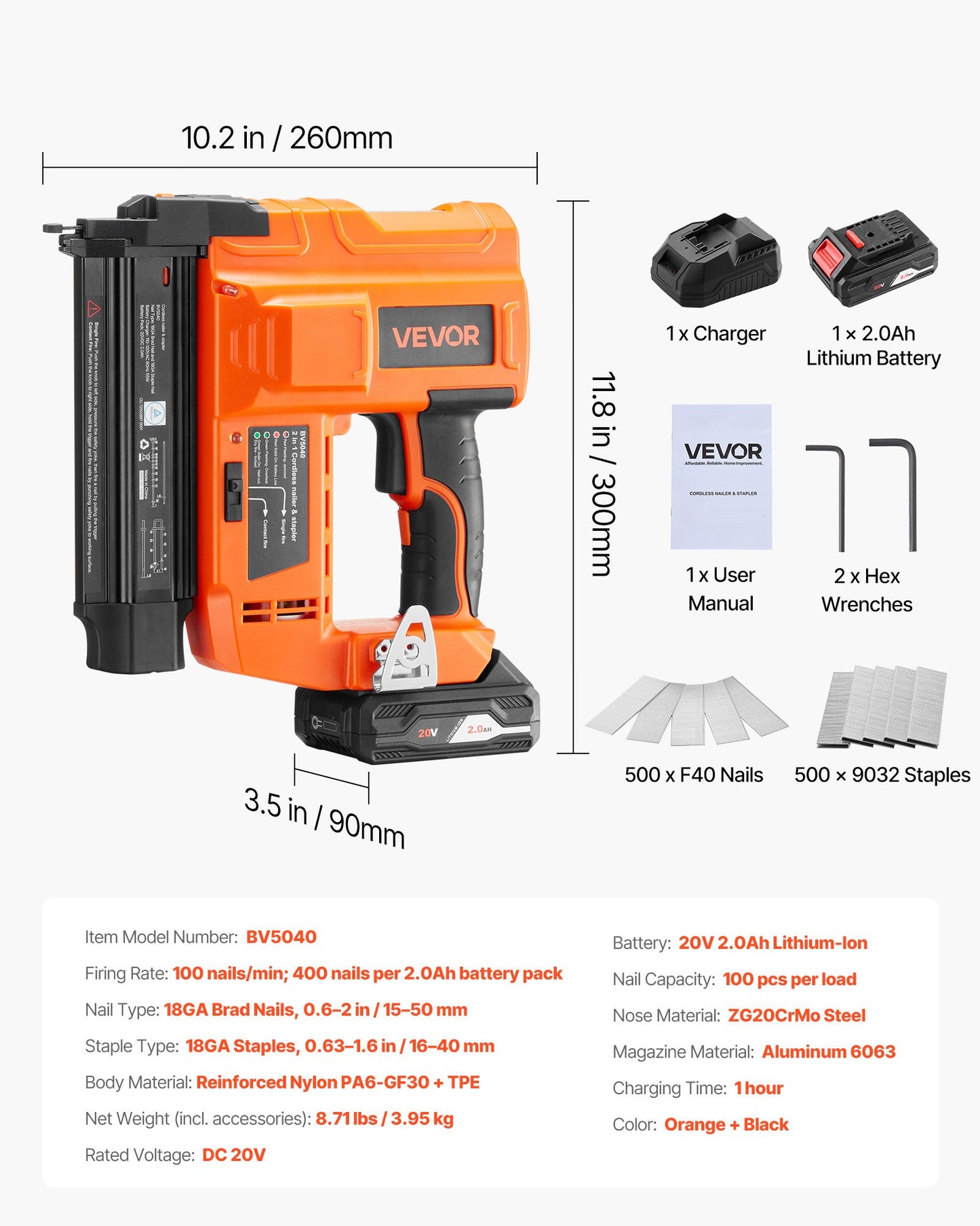 2-in-1 Cordless Brad Nailer, 18 Gauge, 20V Battery Powered Nail Gun and Staple Gun, with 500 pcs Nails, 500 pcs Staples, 2.0 Ah Li-ion Battery and Charger, for Home Improvement, Woodworking