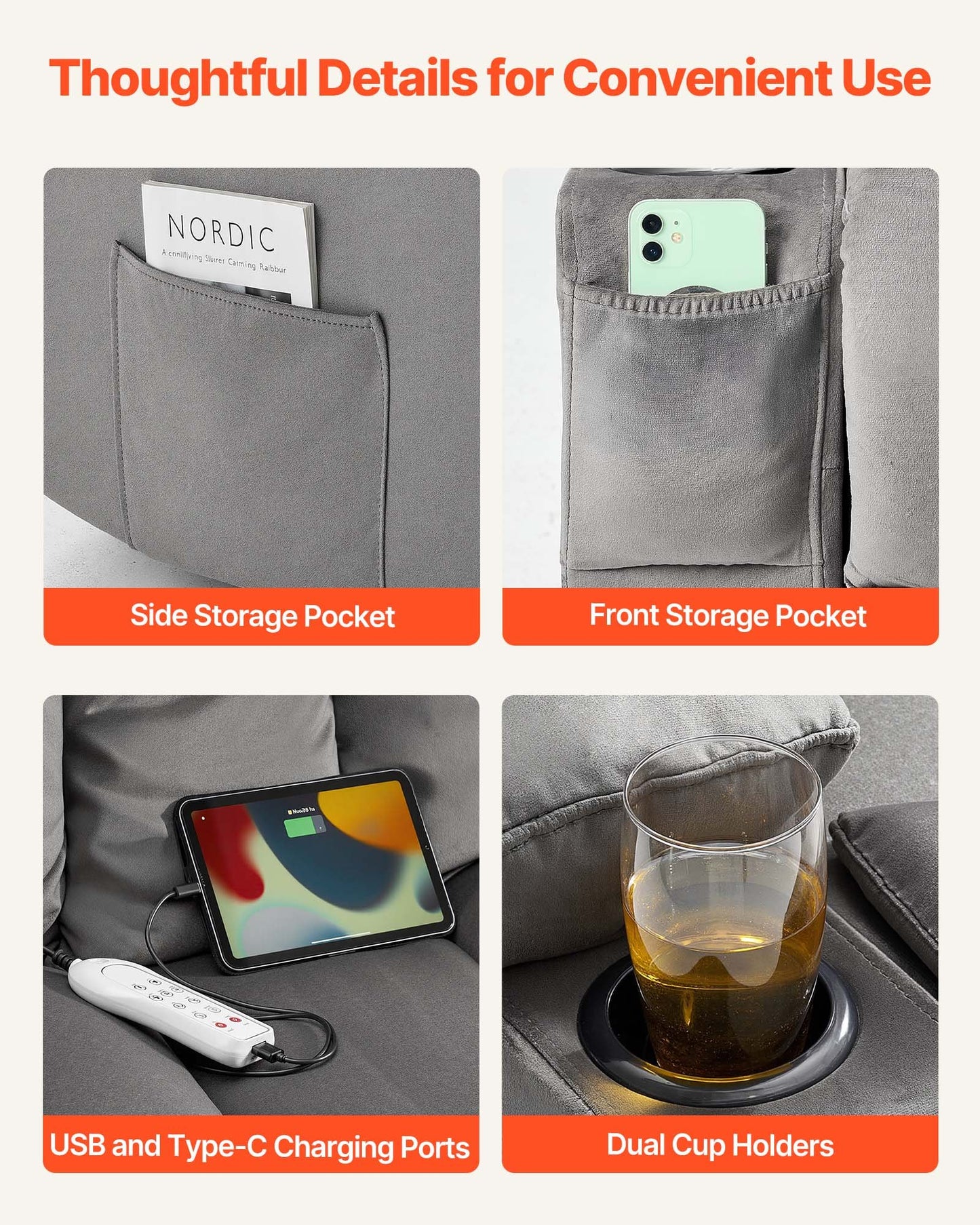 Loveseat Recliner Sofa, Power Reclining Couch with Heating and Massage, Soft Velvet Electric Recliner Sofa with USB Ports, Cup Holders andSideBags, Dual Loveseat Chair for Living Room, Grey