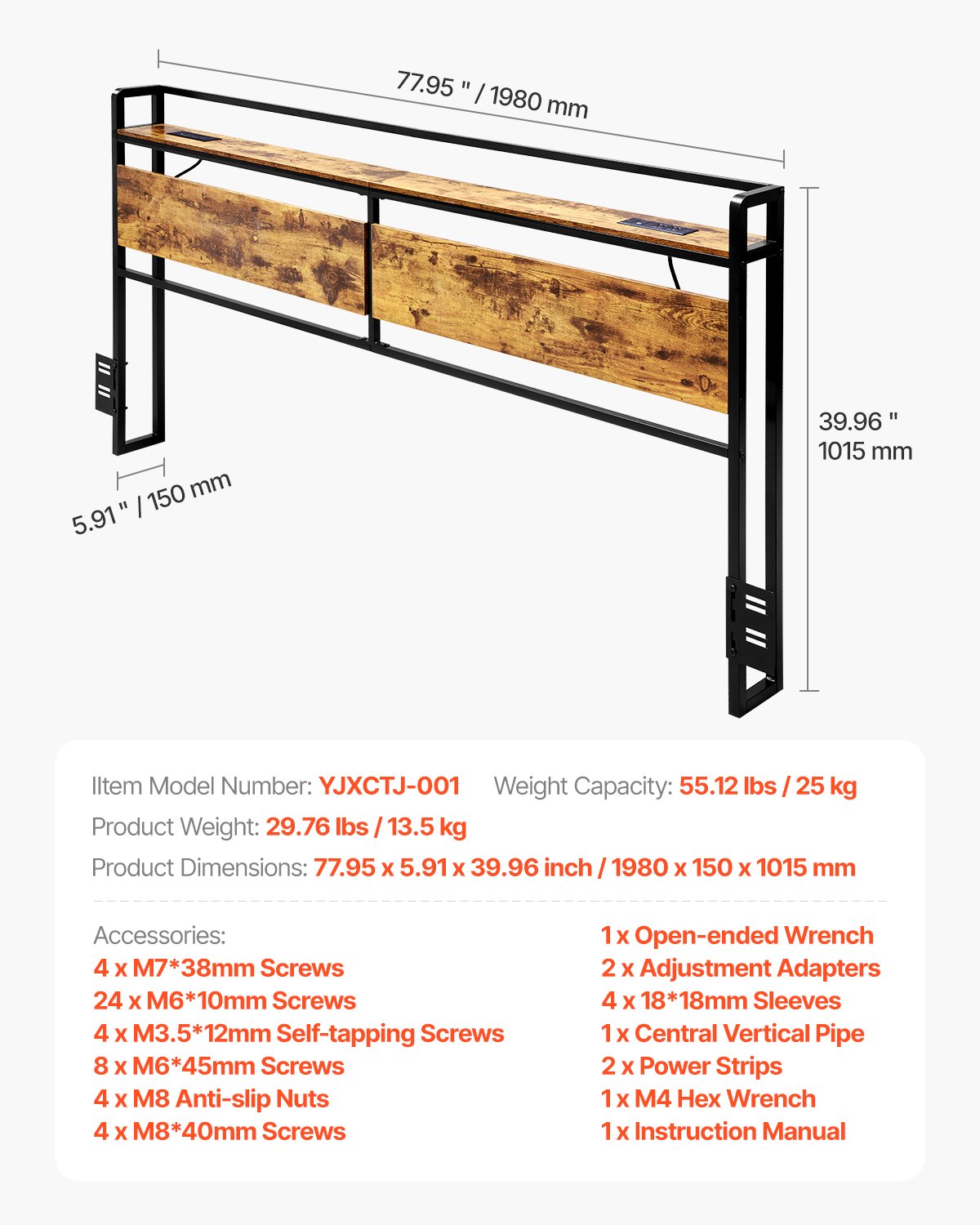 Headboard for King Size Bed, Adjustable Height Headboard with Storage Shelf, King Size Freestanding Head Board with Outlets and USB Port for Different Bed Frames, Easy Assembly, Black and Brown